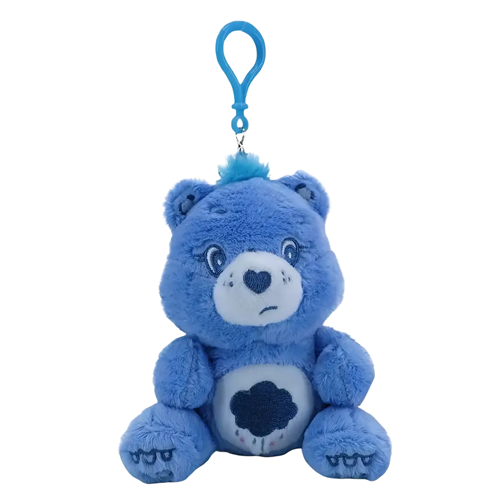 Blue plush care bears plush bag pendant keychain toy with white face heart-shaped nose and cloud design on belly