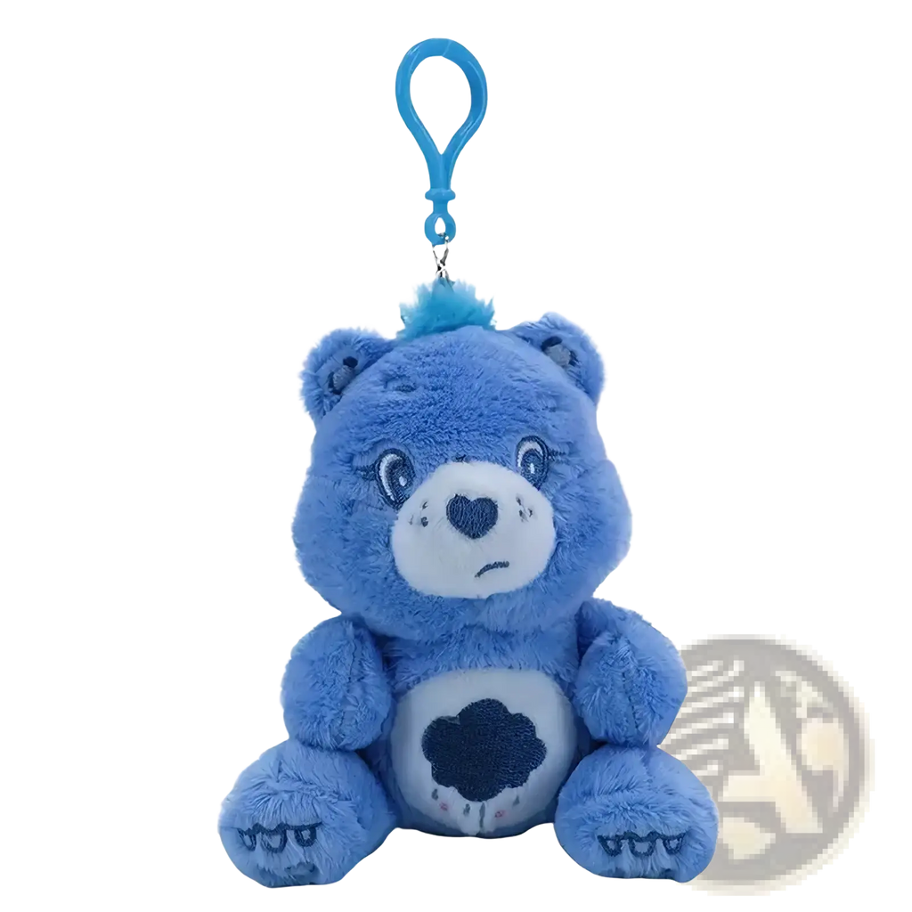 Blue plush care bears plush bag pendant keychain toy with white face heart-shaped nose and cloud design on belly
