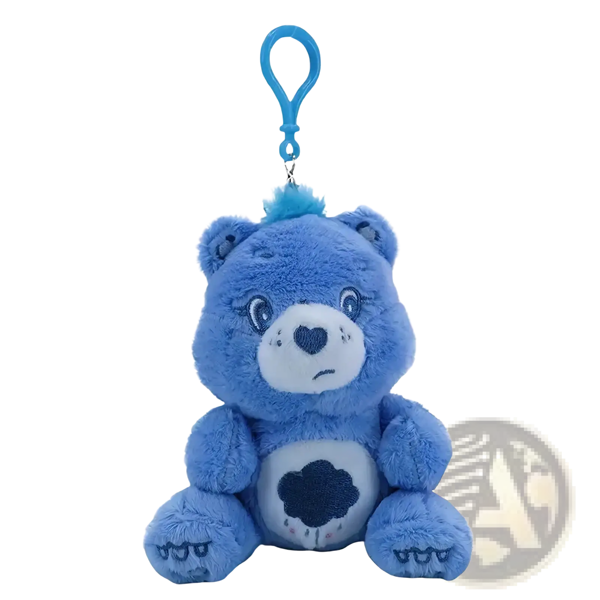 Blue plush care bears plush bag pendant keychain toy with white face heart-shaped nose and cloud design on belly