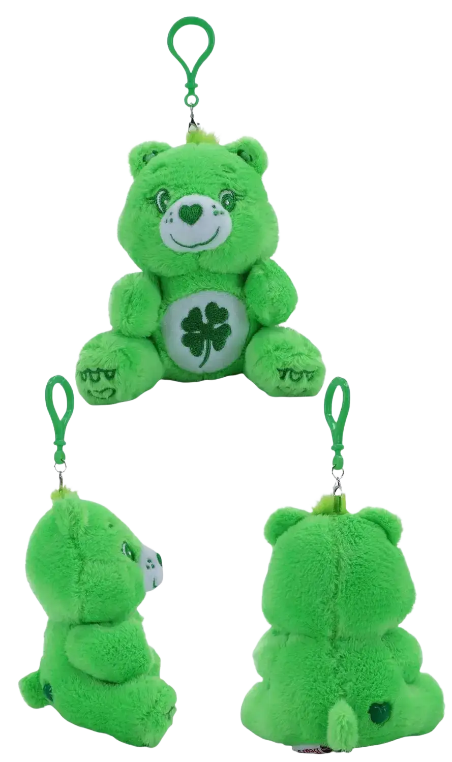 Green plush care bears bag pendant keychain toy with white four leaf clover belly and top clip for attachment