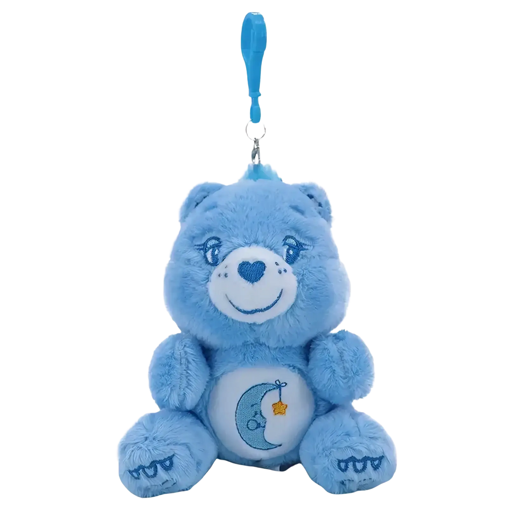 Light blue plush care bears keychain toy with embroidered white face heart nose and moon star belly design