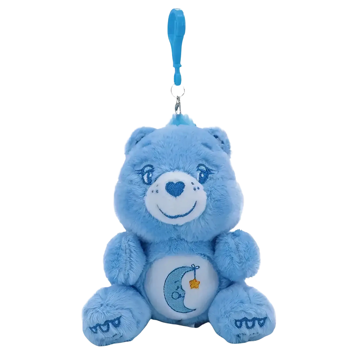 Light blue plush care bears keychain toy with embroidered white face heart nose and moon star belly design