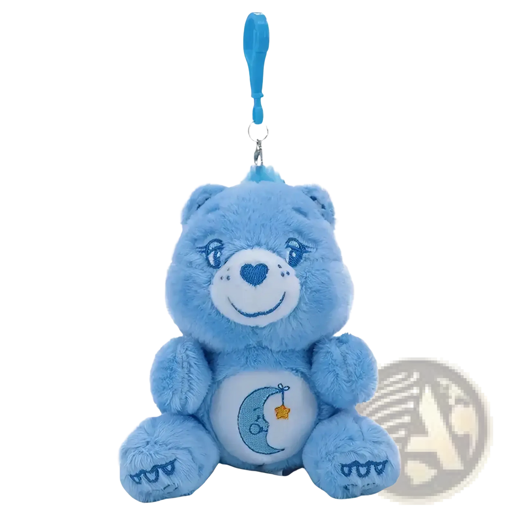 Light blue plush care bears keychain toy with embroidered white face heart nose and moon star belly design
