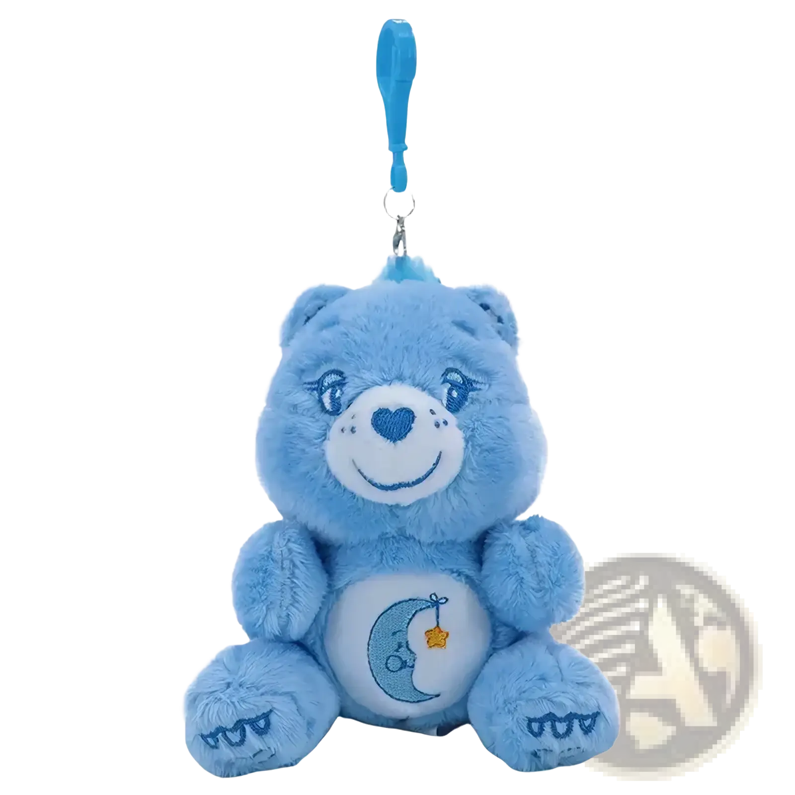 Light blue plush care bears keychain toy with embroidered white face heart nose and moon star belly design