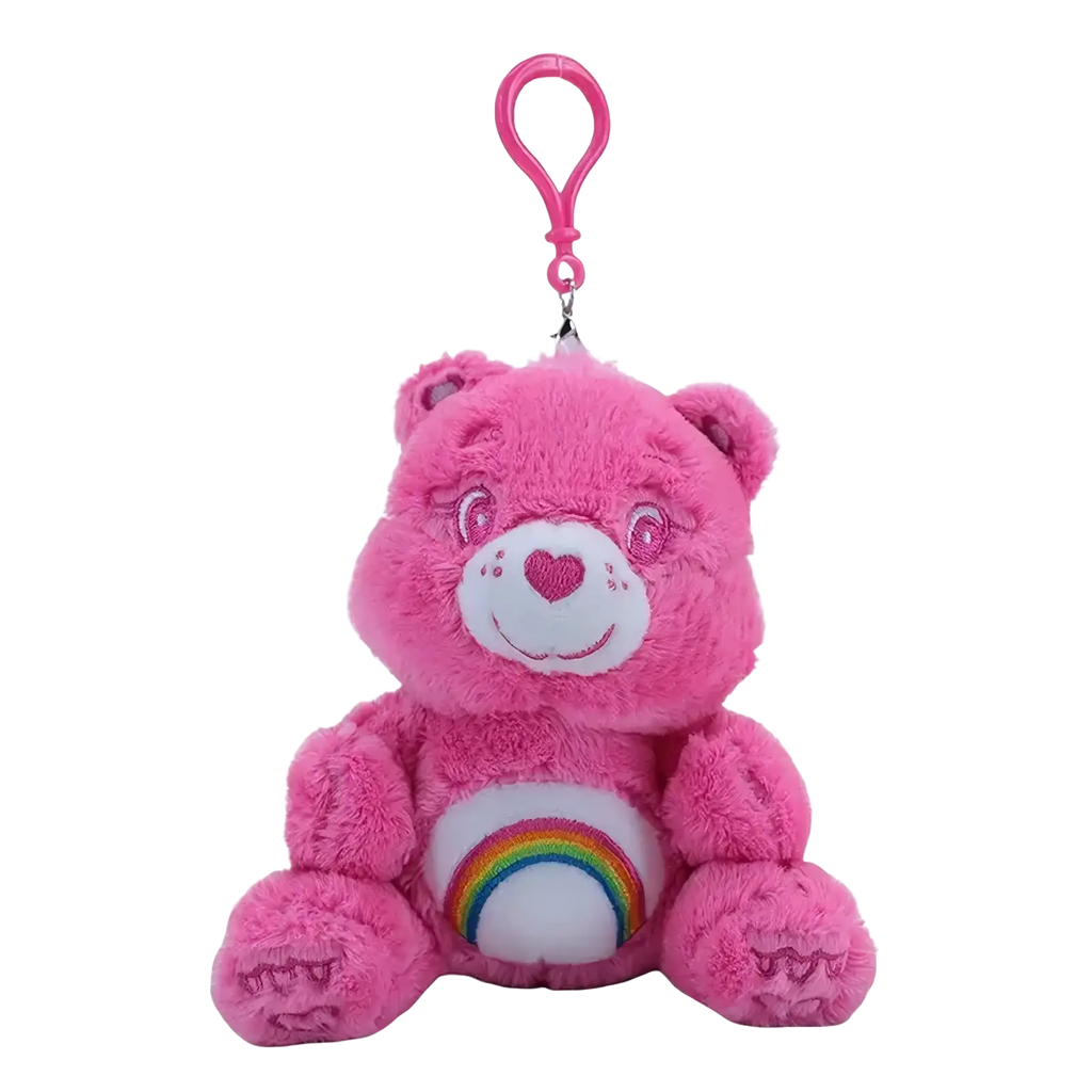 Pink plush care bear keychain toy with white belly patch rainbow and heart-shaped embroidered nose