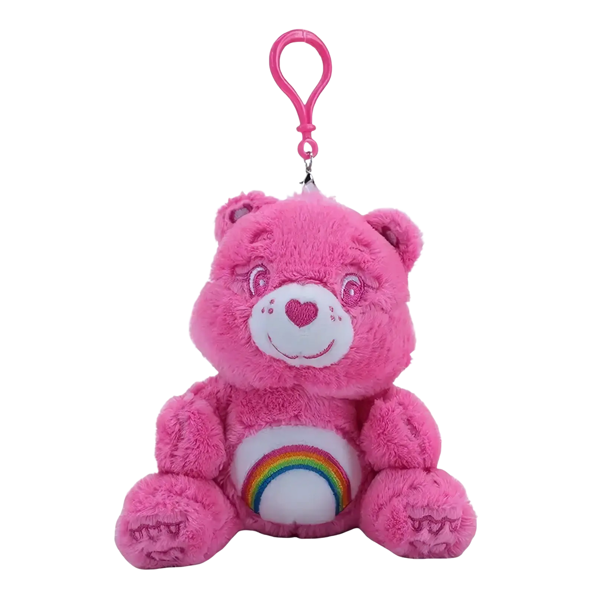 Pink plush care bear keychain toy with white belly patch rainbow and heart-shaped embroidered nose