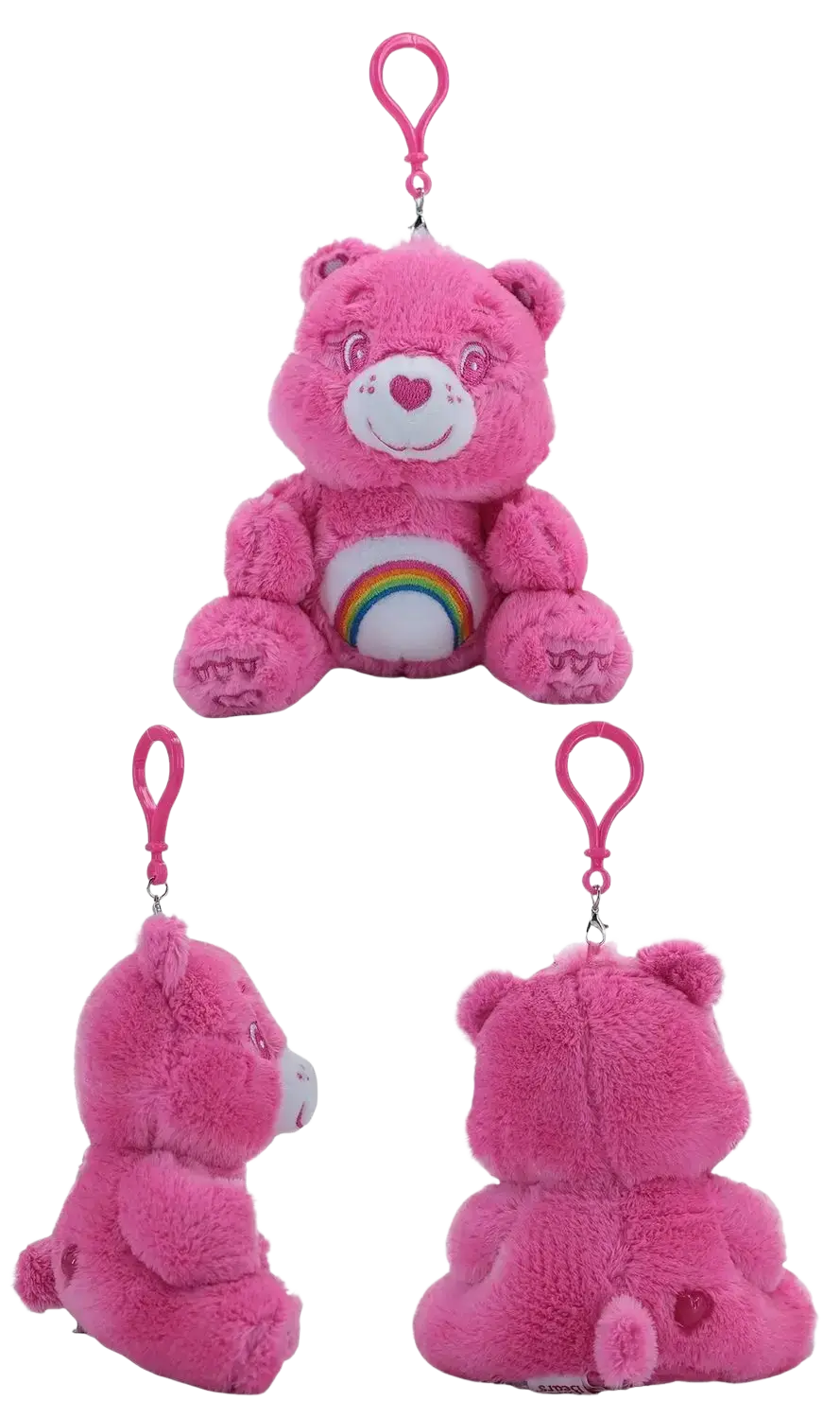 Pink plush care bears bag pendant keychain toy featuring a rainbow belly badge and heart shaped nose