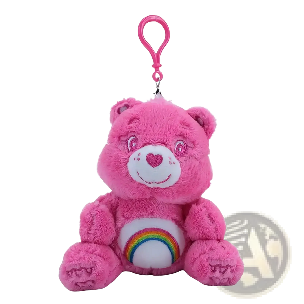 Pink plush care bear keychain toy with white belly patch rainbow and heart-shaped embroidered nose