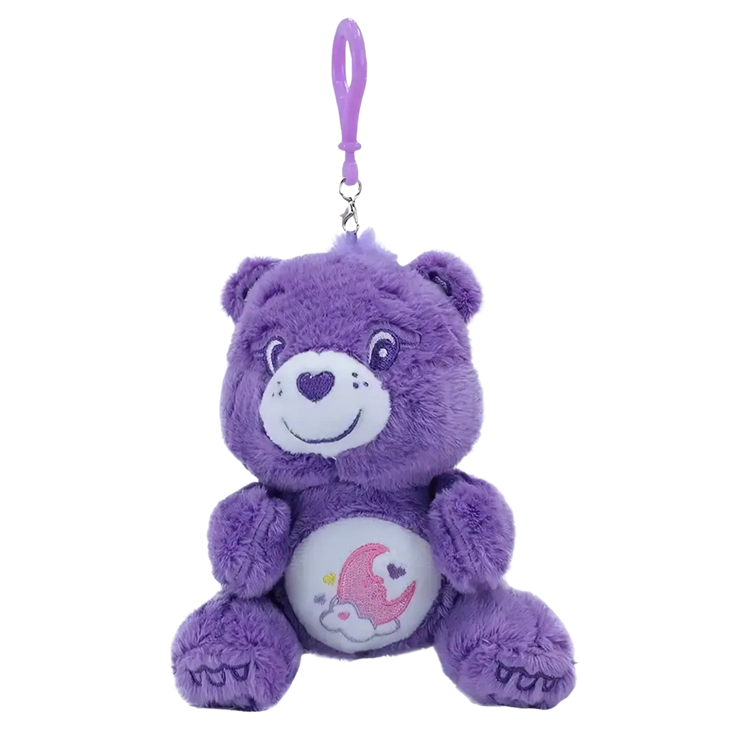 Purple plush care bears plush bag pendant keychain toy with white face heart-shaped nose and pink crescent moon belly patch