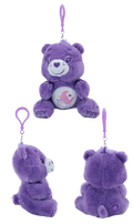 Purple care bears plush bag pendant keychain toy featuring soft fuzzy texture embroidered face and pink crescent moon belly design