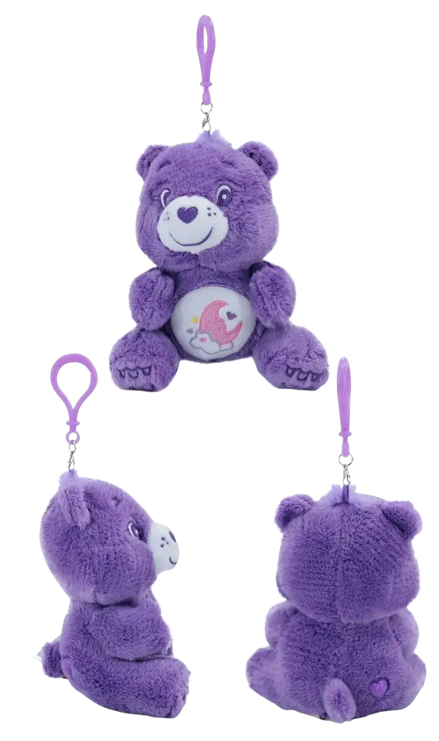 Purple care bears plush bag pendant keychain toy featuring soft fuzzy texture embroidered face and pink crescent moon belly design