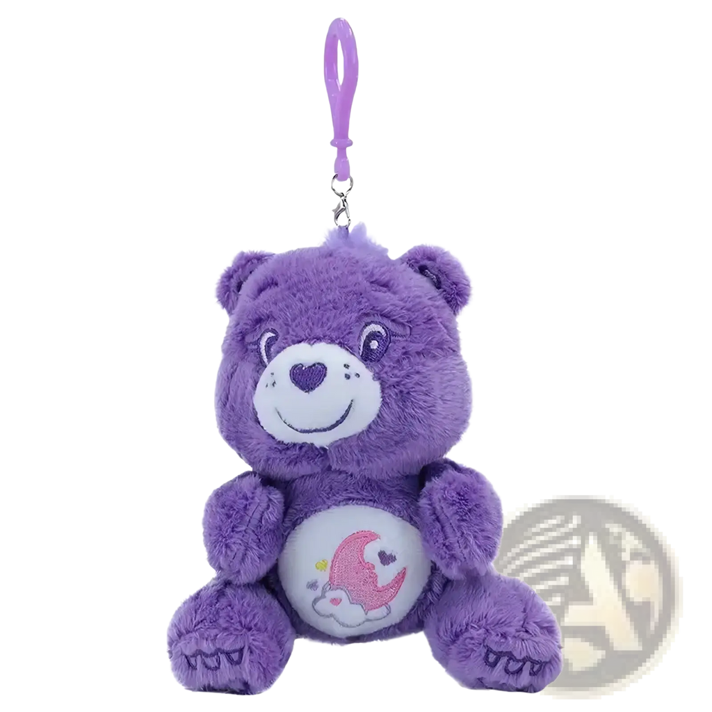 Purple plush care bears plush bag pendant keychain toy with white face heart-shaped nose and pink crescent moon belly patch