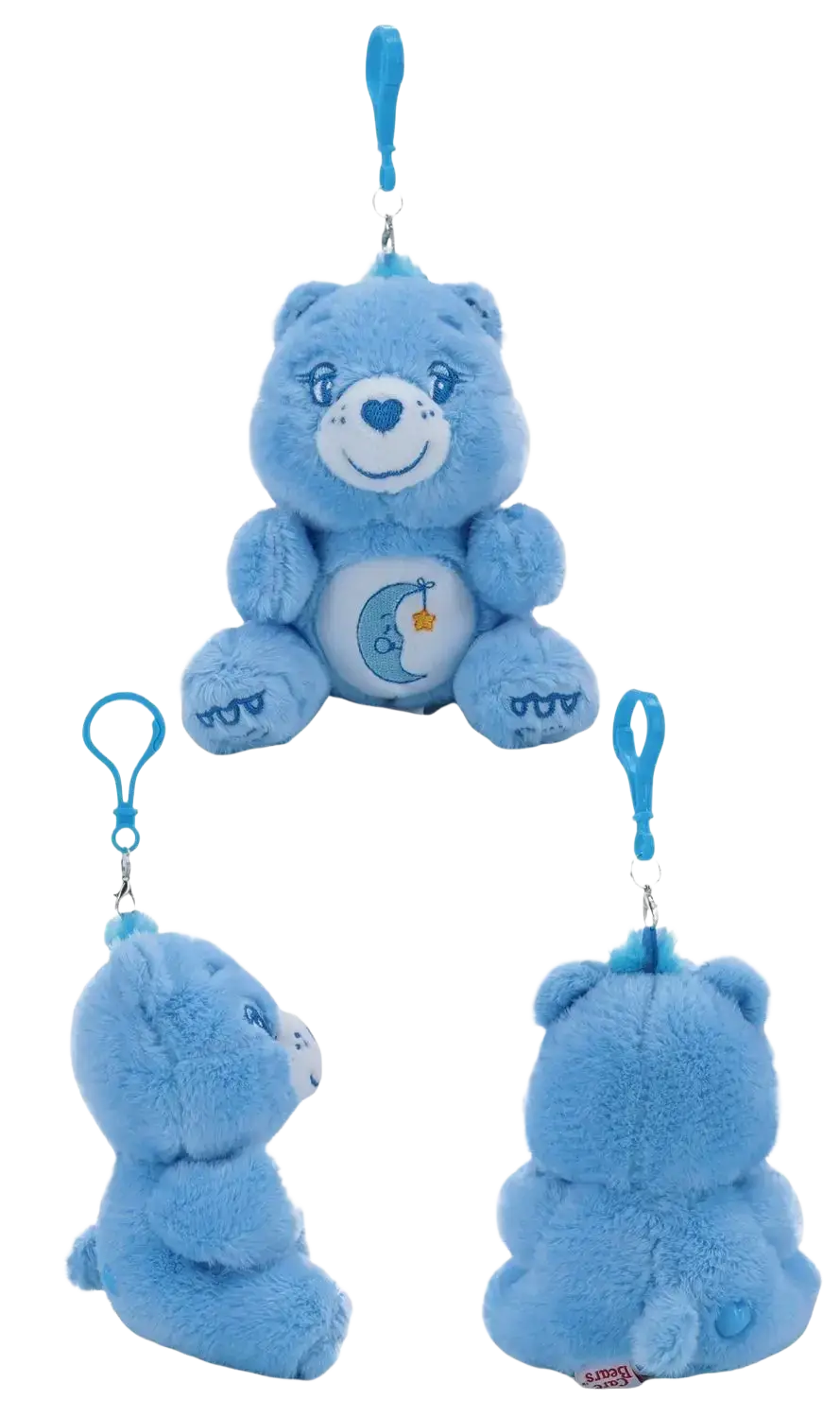 Care bears plush bag pendant keychain toy in soft light blue with a heart-shaped nose and crescent moon belly design