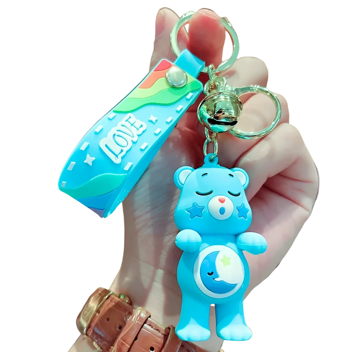 A bright blue silicone care bears keychain featuring a sleeping bear with star details and a love strap