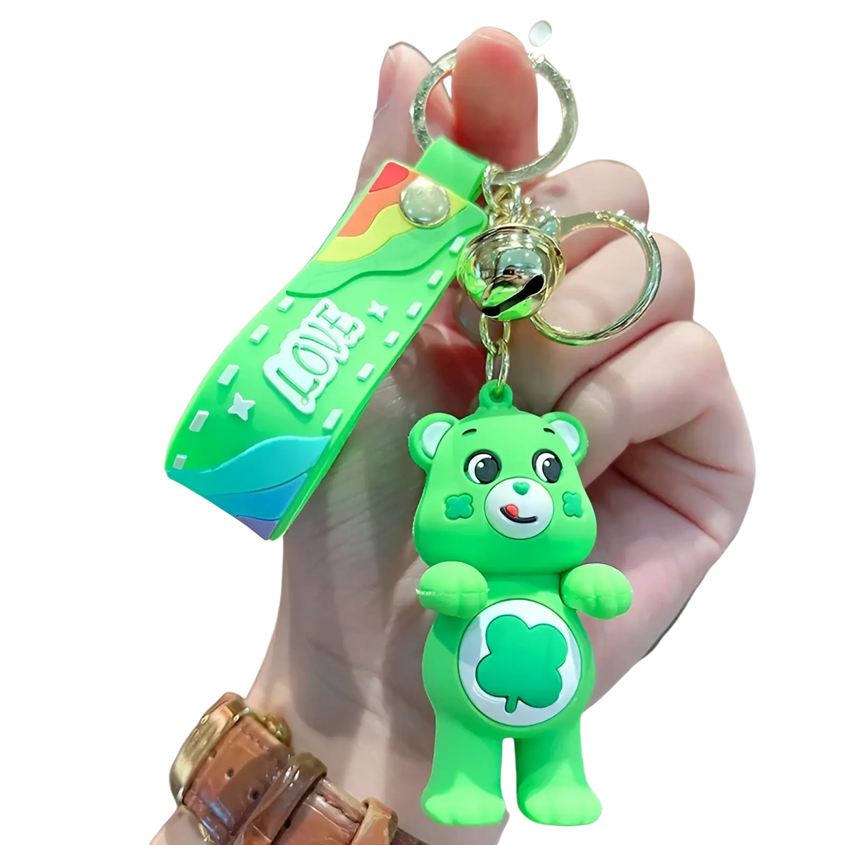 Bright green care bears silicone cartoon keychain with shamrock emblem and rainbow-colored strap for backpacks