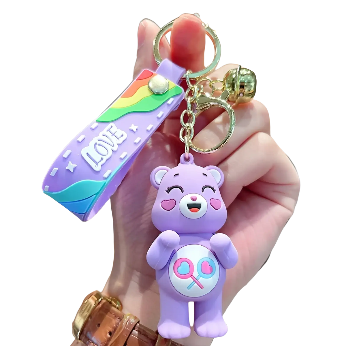 Purple silicone care bear keychain with rainbow strap and gold-tone metal hardware for backpacks and pendants