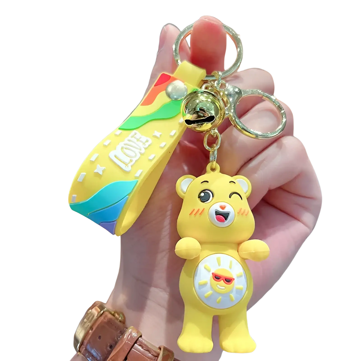 Yellow care bears silicone cartoon keychain with rainbow strap and bell for backpack pendant accessory