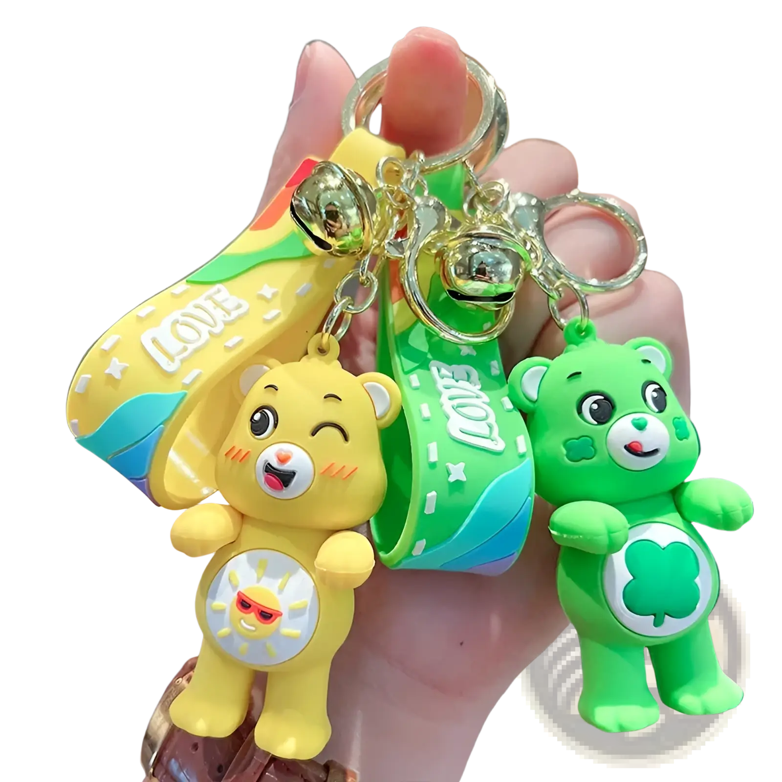 Yellow and green care bears silicone cartoon keychain backpack pendants with bell charms and love wristbands