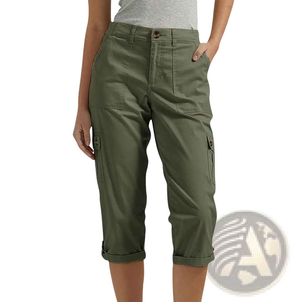 Olive green high waist cargo capri pants for women with rolled cuffs and multiple pockets for casual wear