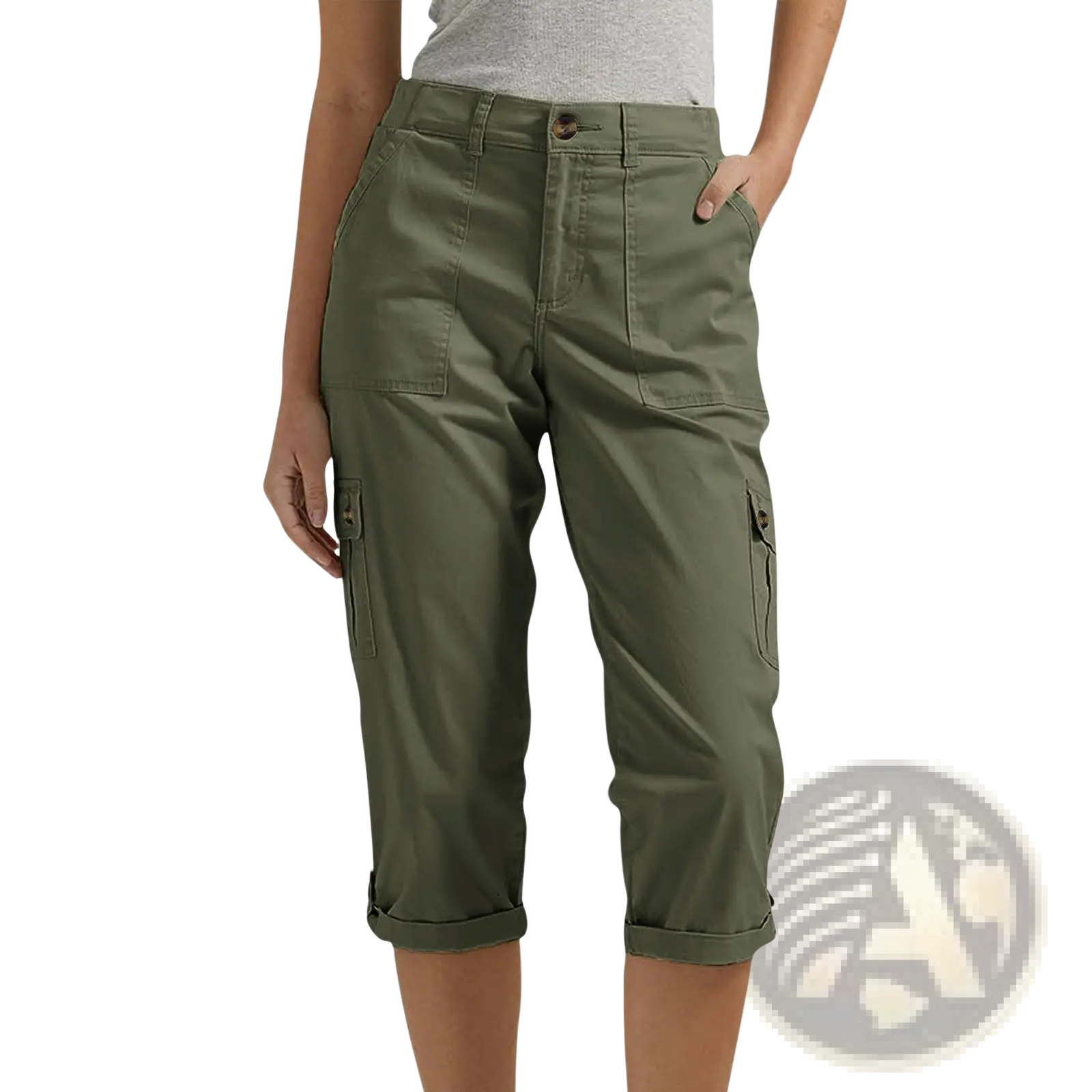 Olive green high waist cargo capri pants for women with rolled cuffs and multiple pockets for casual wear