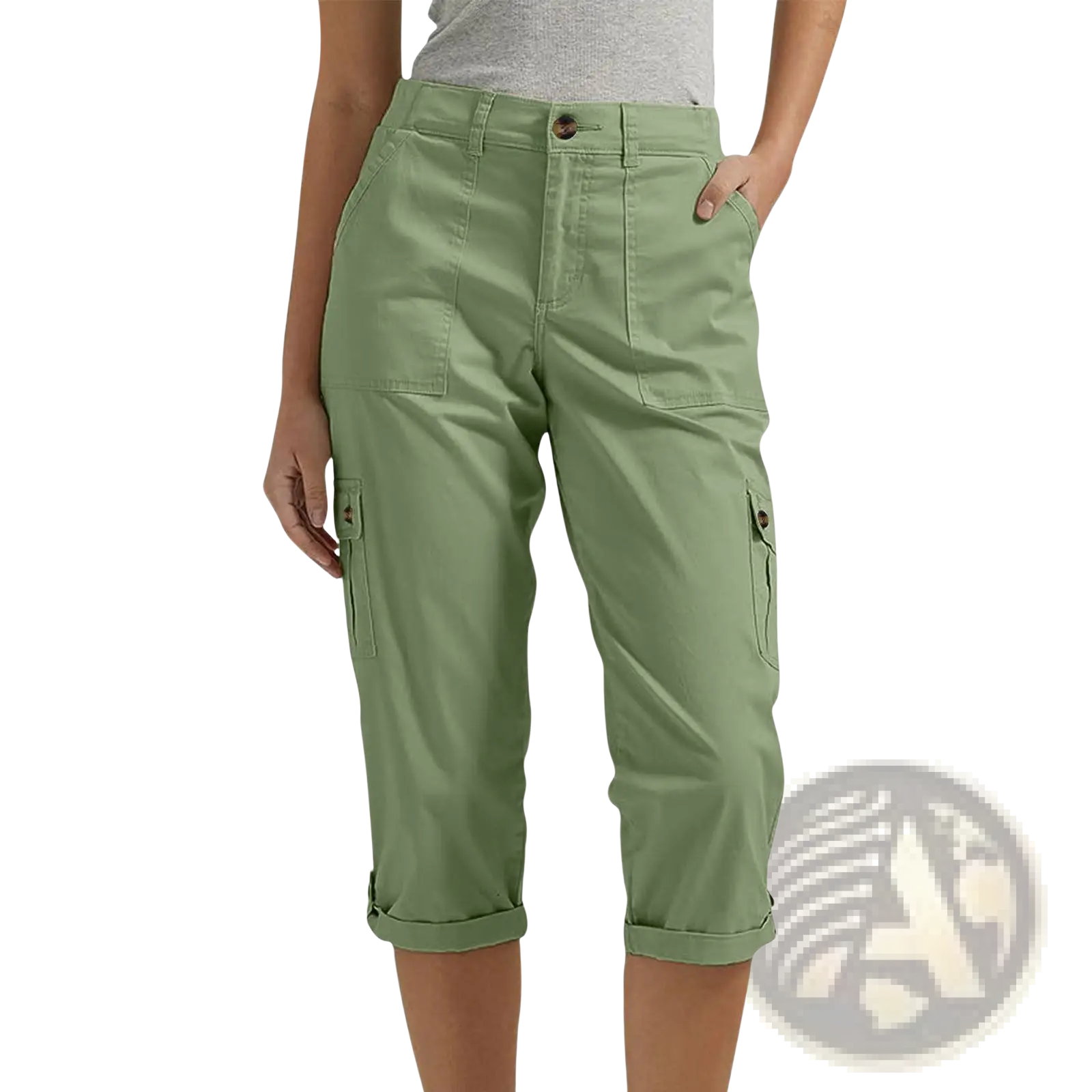 Olive green cargo capri pants with high waist, rolled cuffs, and buttoned side pockets for casual wear