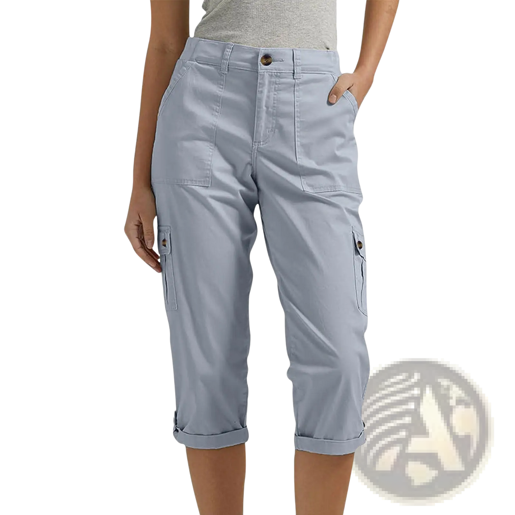 Light blue high waist cargo capri pants for women with rolled cuffs and multiple pockets for casual wear