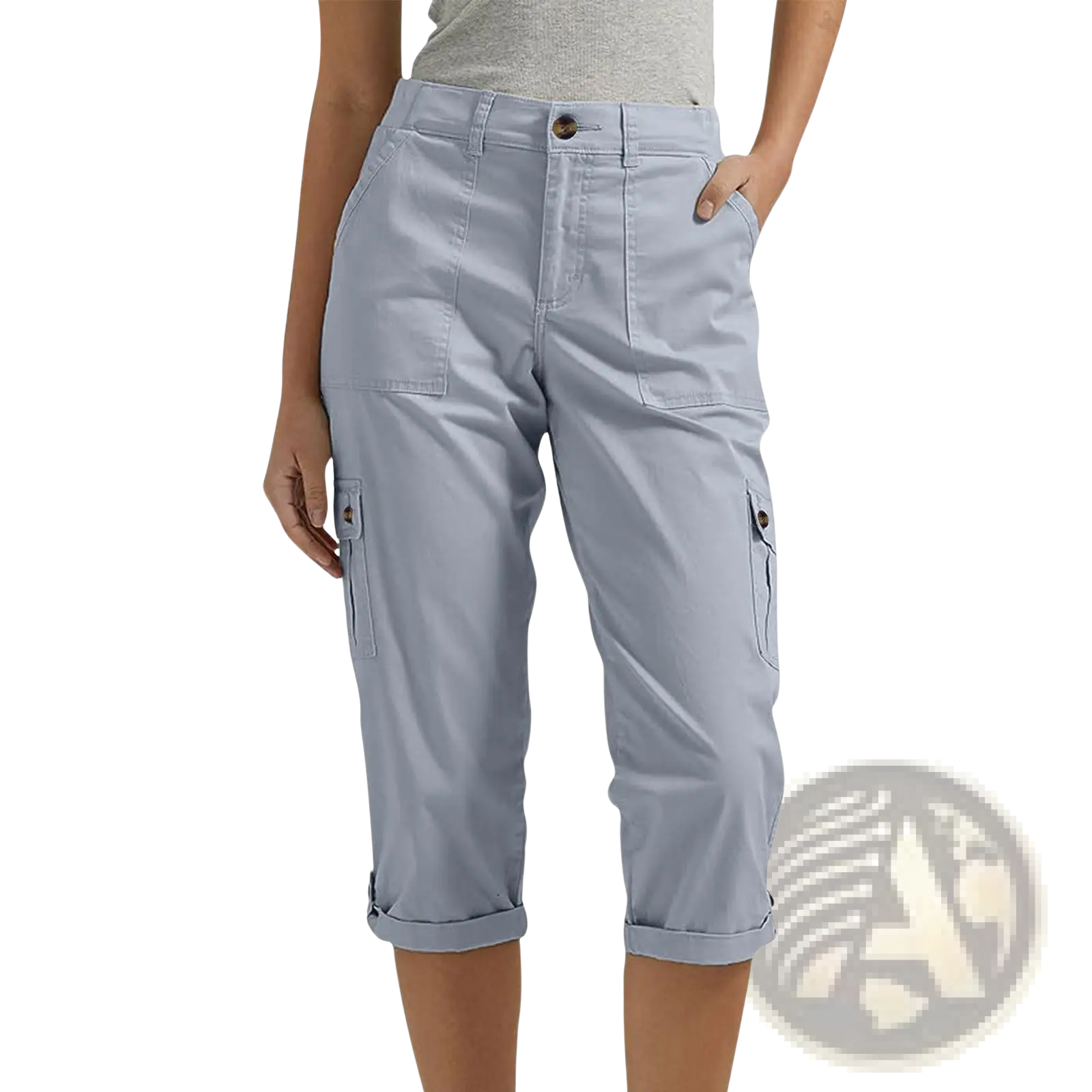 Light blue high waist cargo capri pants for women with rolled cuffs and multiple pockets for casual wear