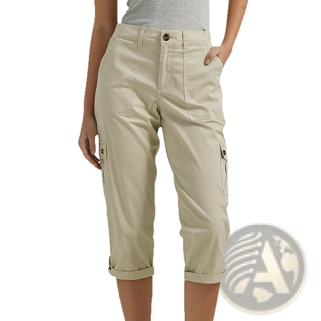 Beige cargo capri pants high waist with rolled cuffs and buttoned side pockets for casual wear women trousers