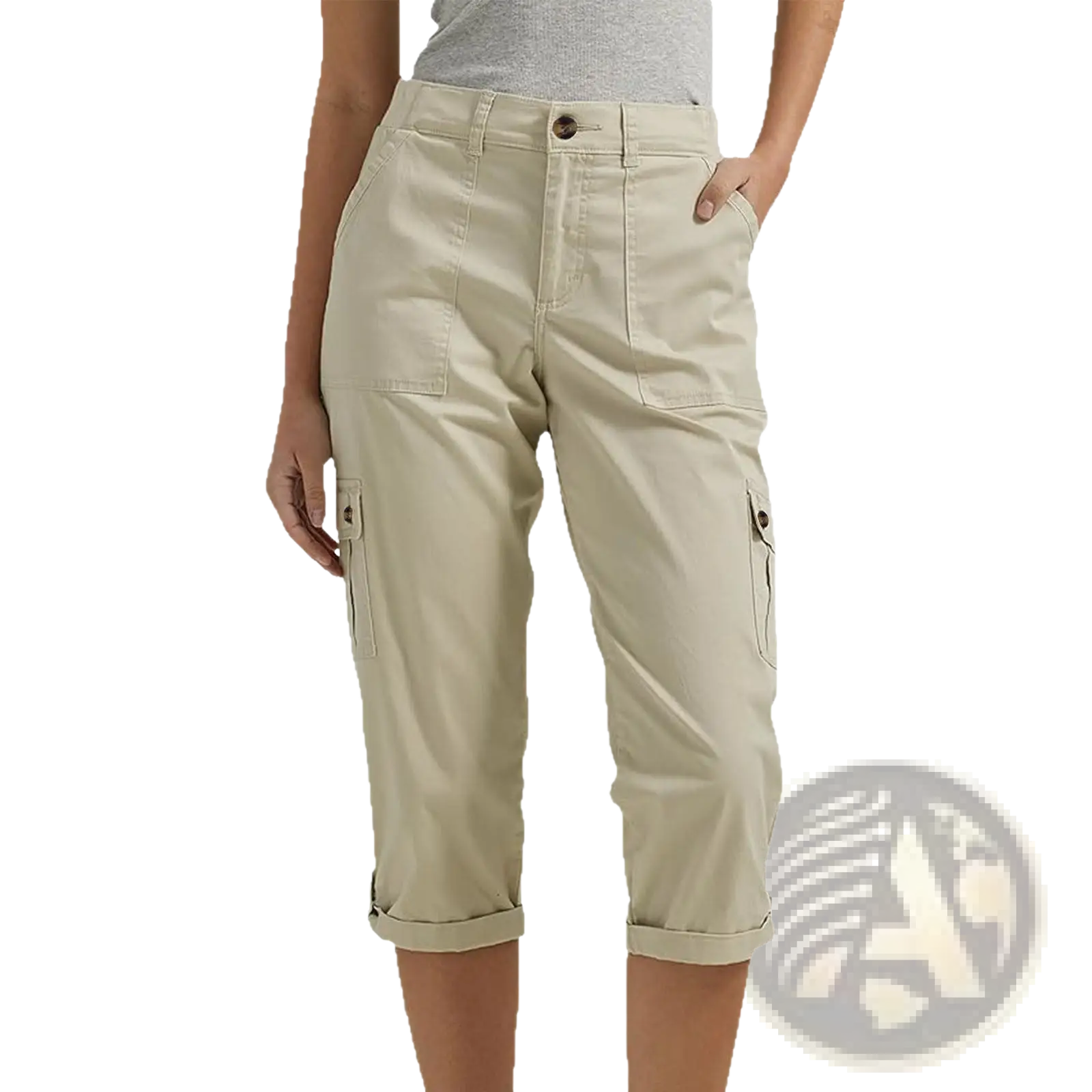 Beige cargo capri pants high waist with rolled cuffs and buttoned side pockets for casual wear women trousers