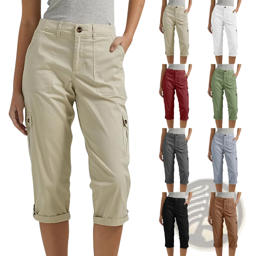 Beige cargo capri pants with high waist, rolled cuffs, multiple pockets, designed as casual trousers for women