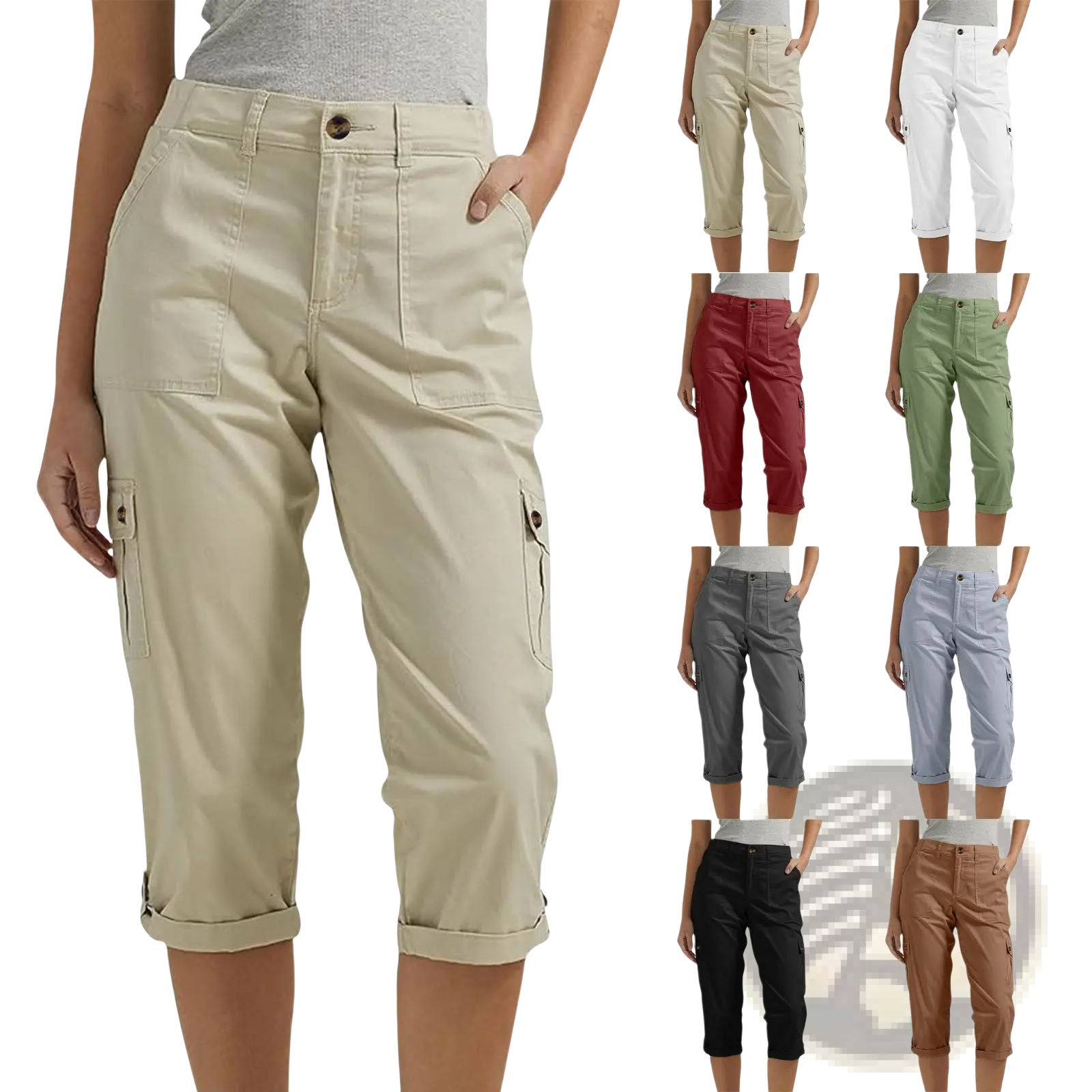 Beige cargo capri pants with high waist, rolled cuffs, multiple pockets, designed as casual trousers for women