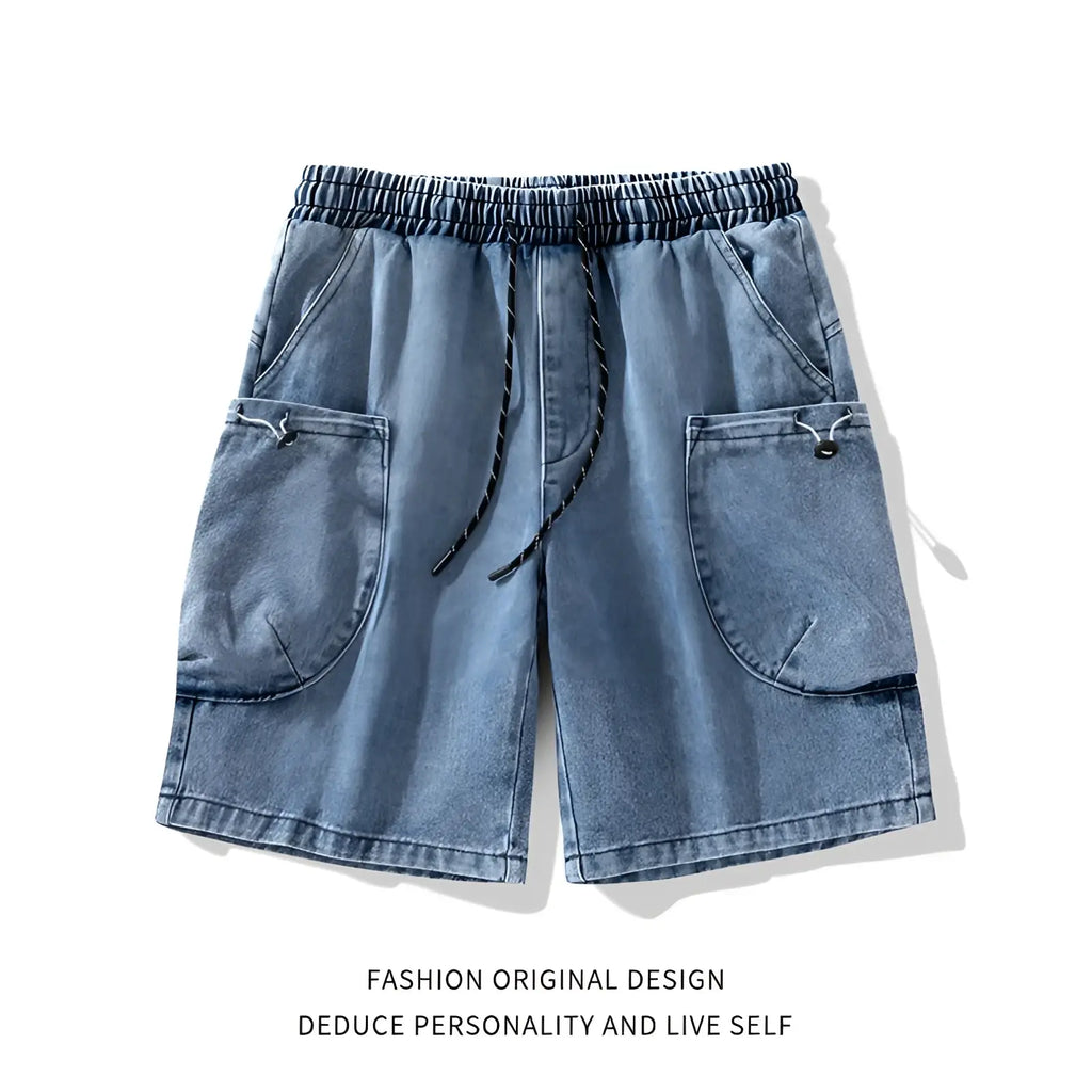 Light-wash cargo denim shorts with elastic waistband black drawstring and two large front pockets for streetwear