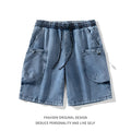 Light-wash cargo denim shorts with elastic waistband black drawstring and two large front pockets for streetwear