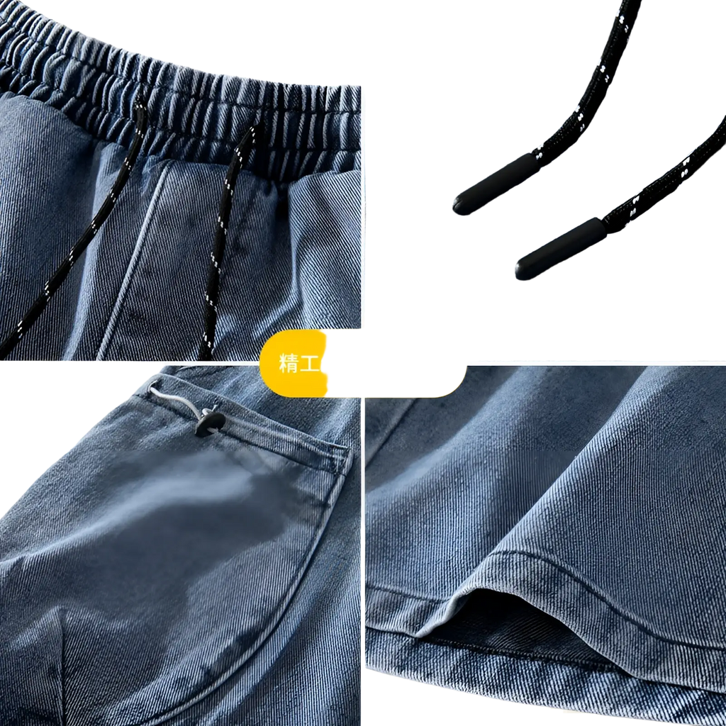 Blue denim cargo shorts in light wash with black drawstrings and elastic waistband for streetwear style