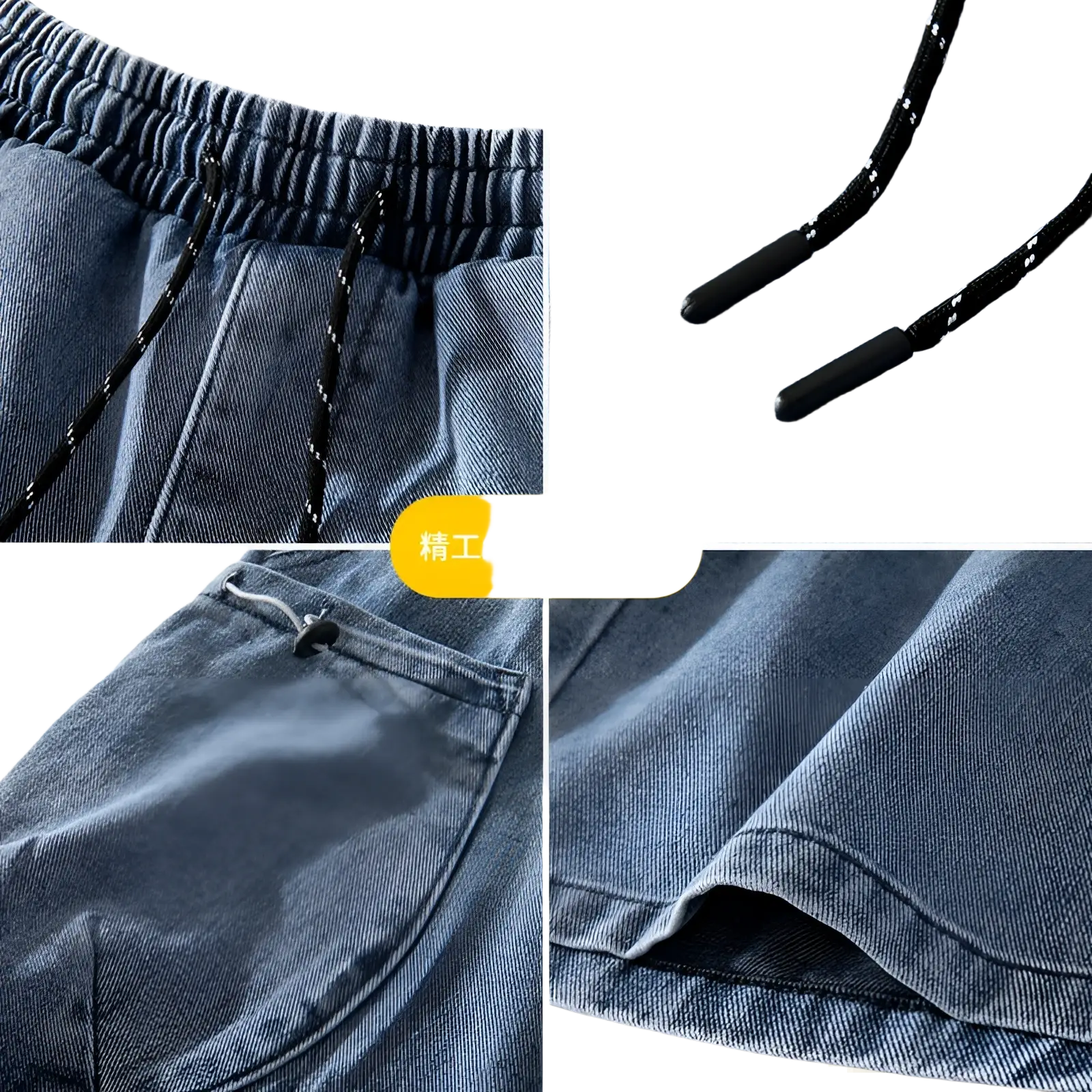 Blue denim cargo shorts in light wash with black drawstrings and elastic waistband for streetwear style