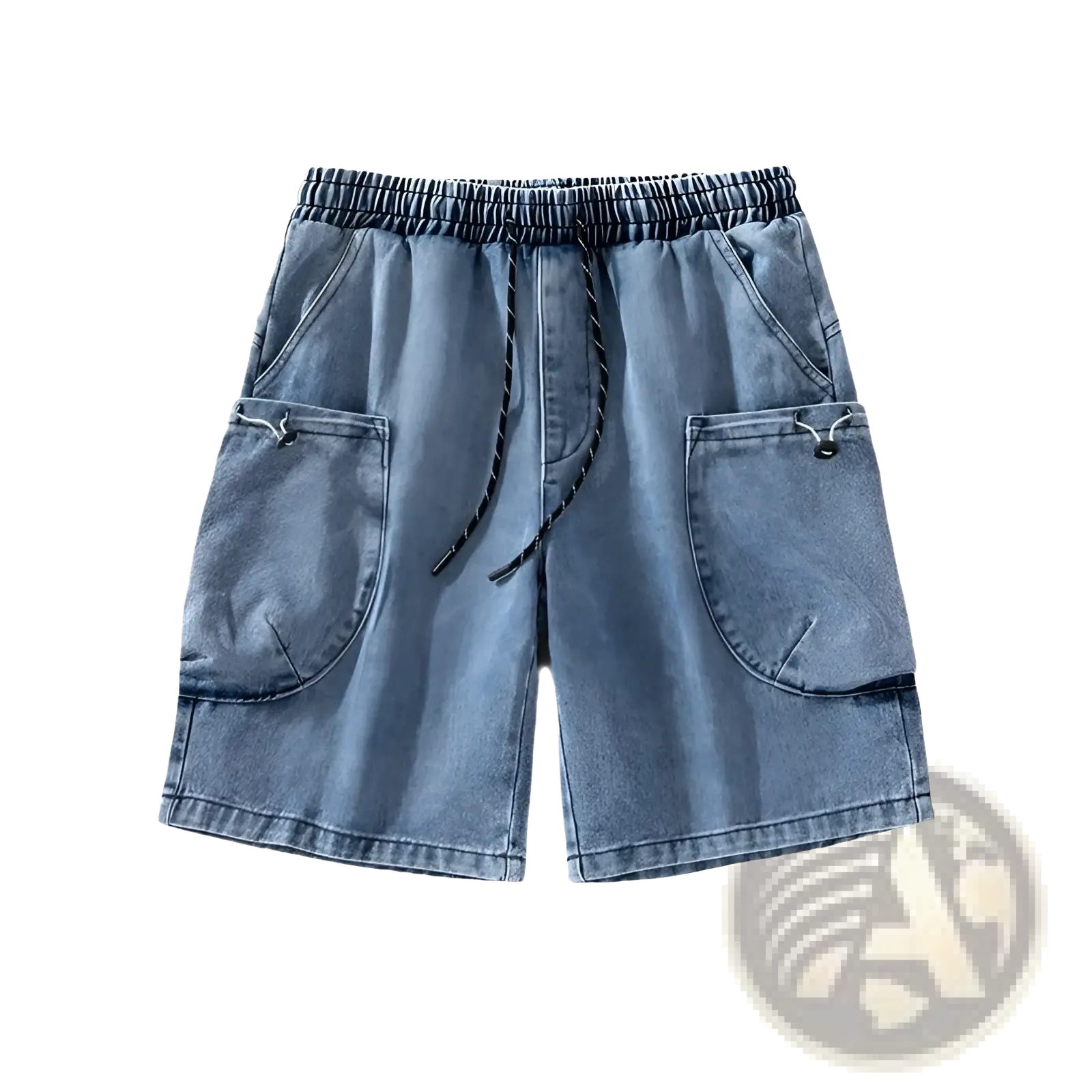 Cargo denim shorts light wash with elastic waistband black drawstring and large cargo pockets with silver toggles