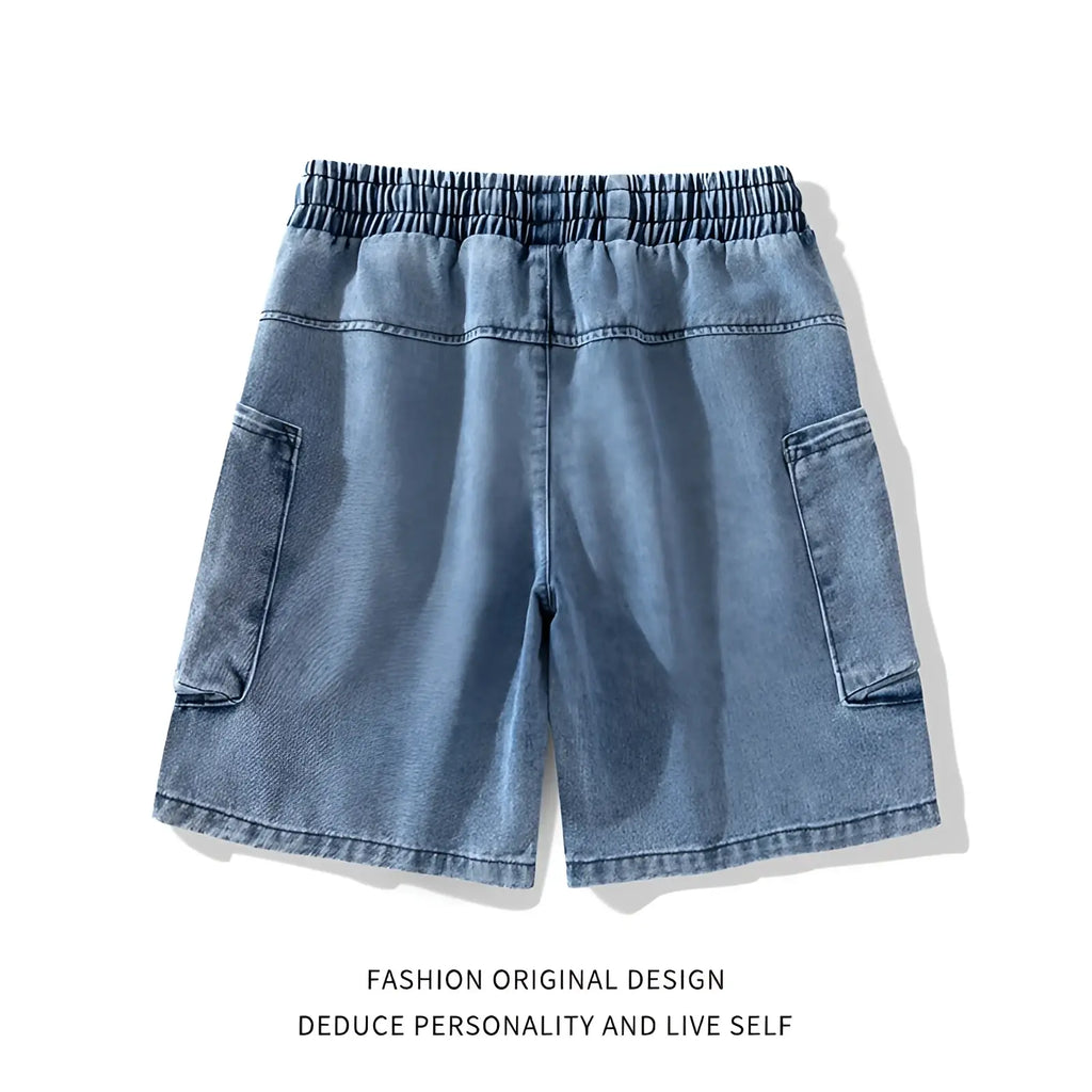 Cargo denim shorts light wash featuring light-wash denim with elastic waistband and two side pockets for streetwear