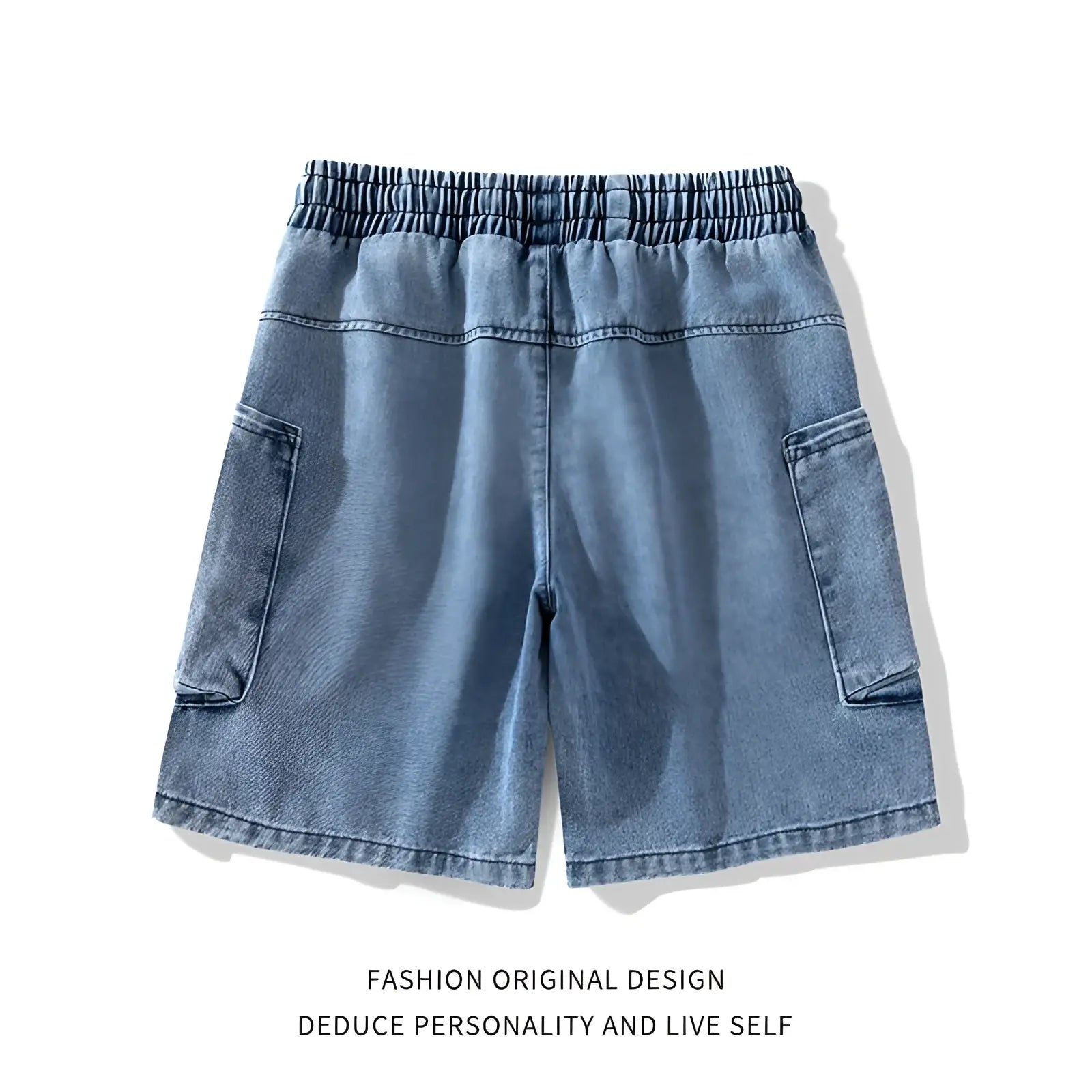Cargo denim shorts light wash featuring light-wash denim with elastic waistband and two side pockets for streetwear