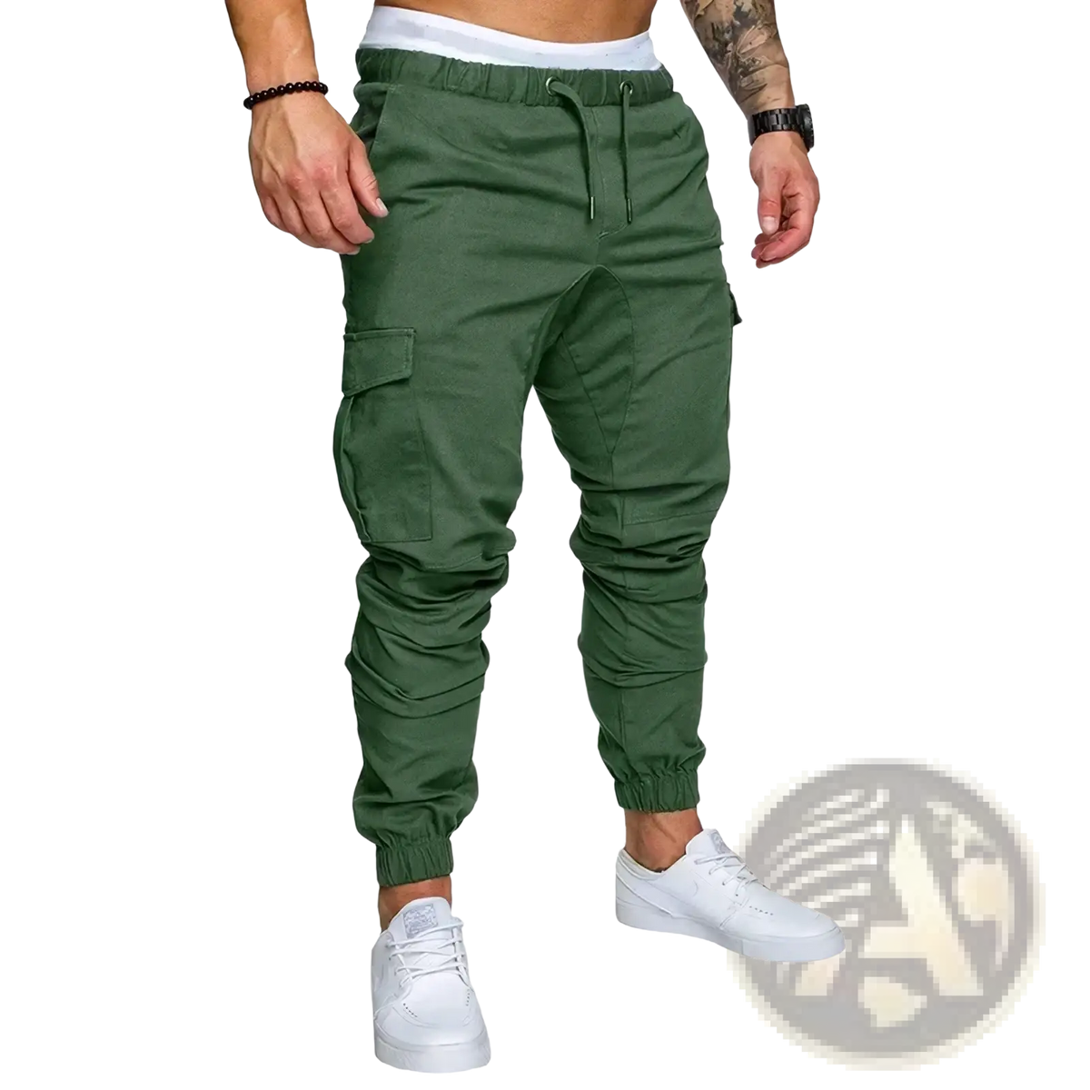Olive green cargo joggers for men with elastic waistband drawstring multiple pockets and tapered cuffs for casual wear
