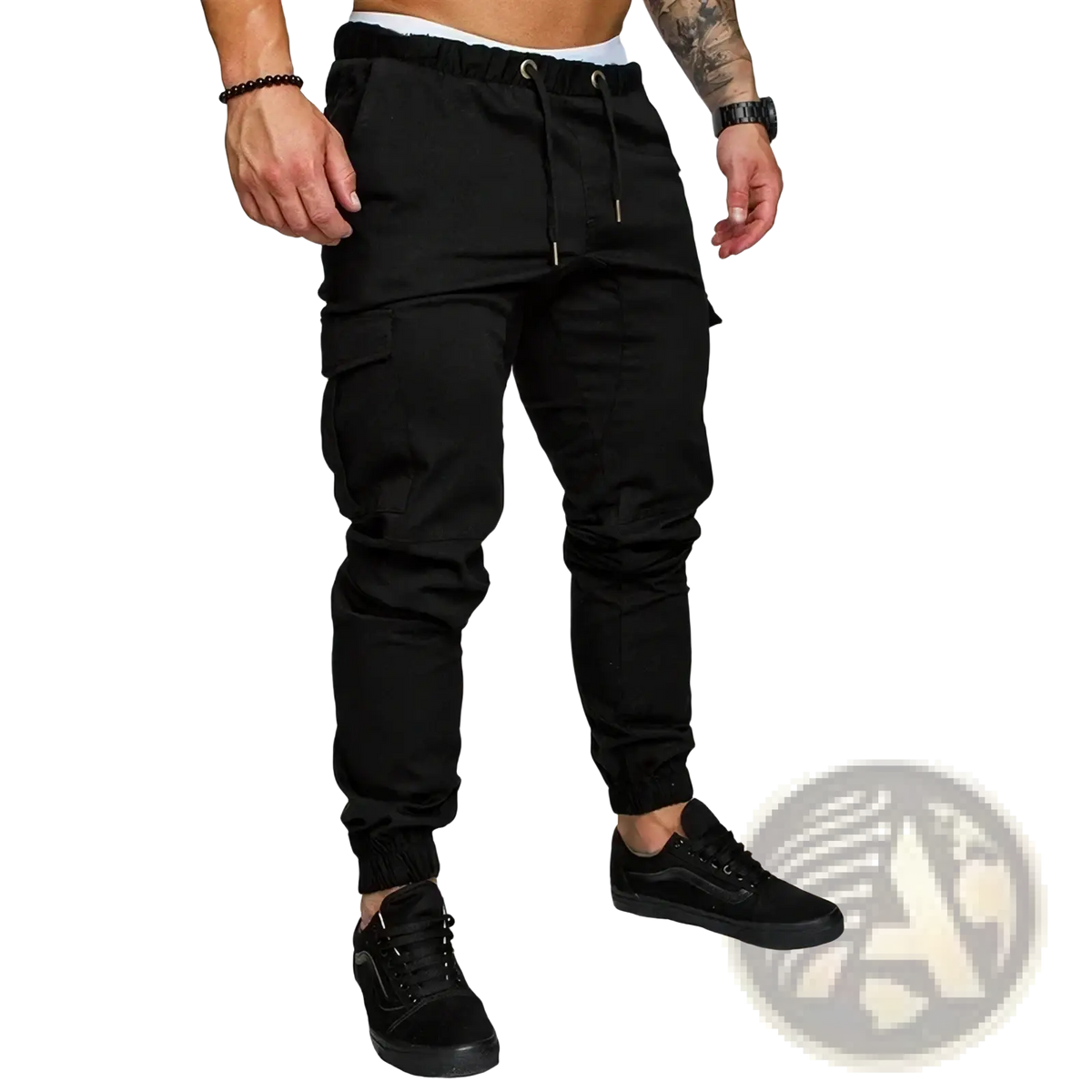 Black cargo joggers men casual harem pants with elastic waistband drawstring multiple side pockets and tapered cuffs