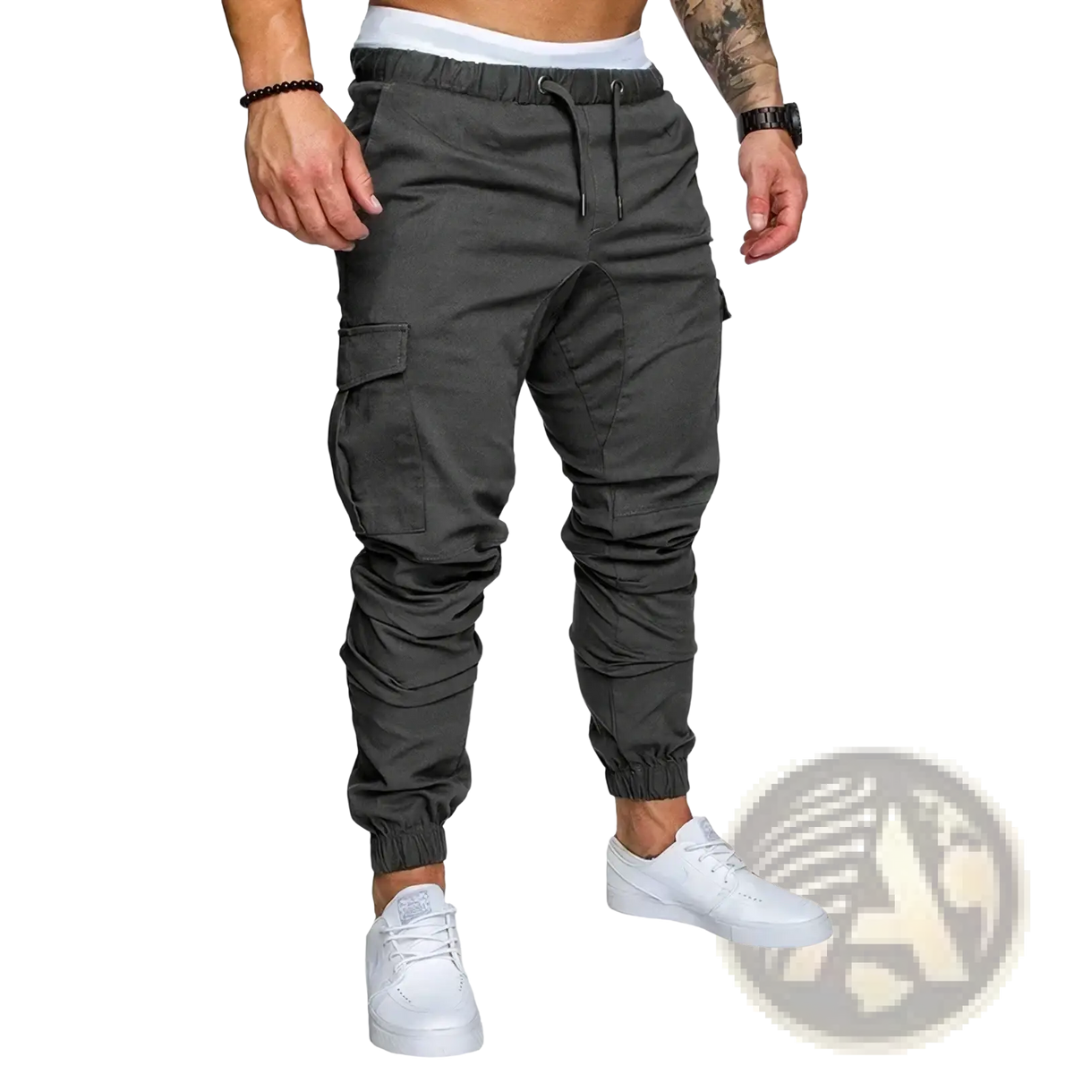 Dark gray cargo joggers men casual harem pants with elastic waistband drawstring multiple pockets tapered cuffs