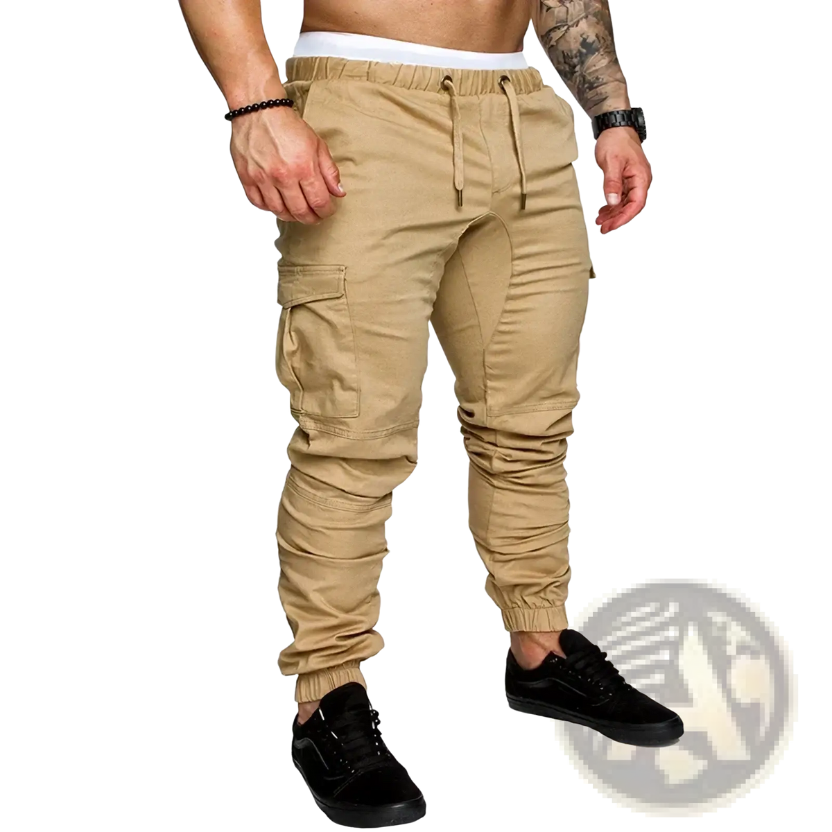 Beige cargo joggers for men featuring elastic cuffs and side pockets casual harem pants for everyday wear