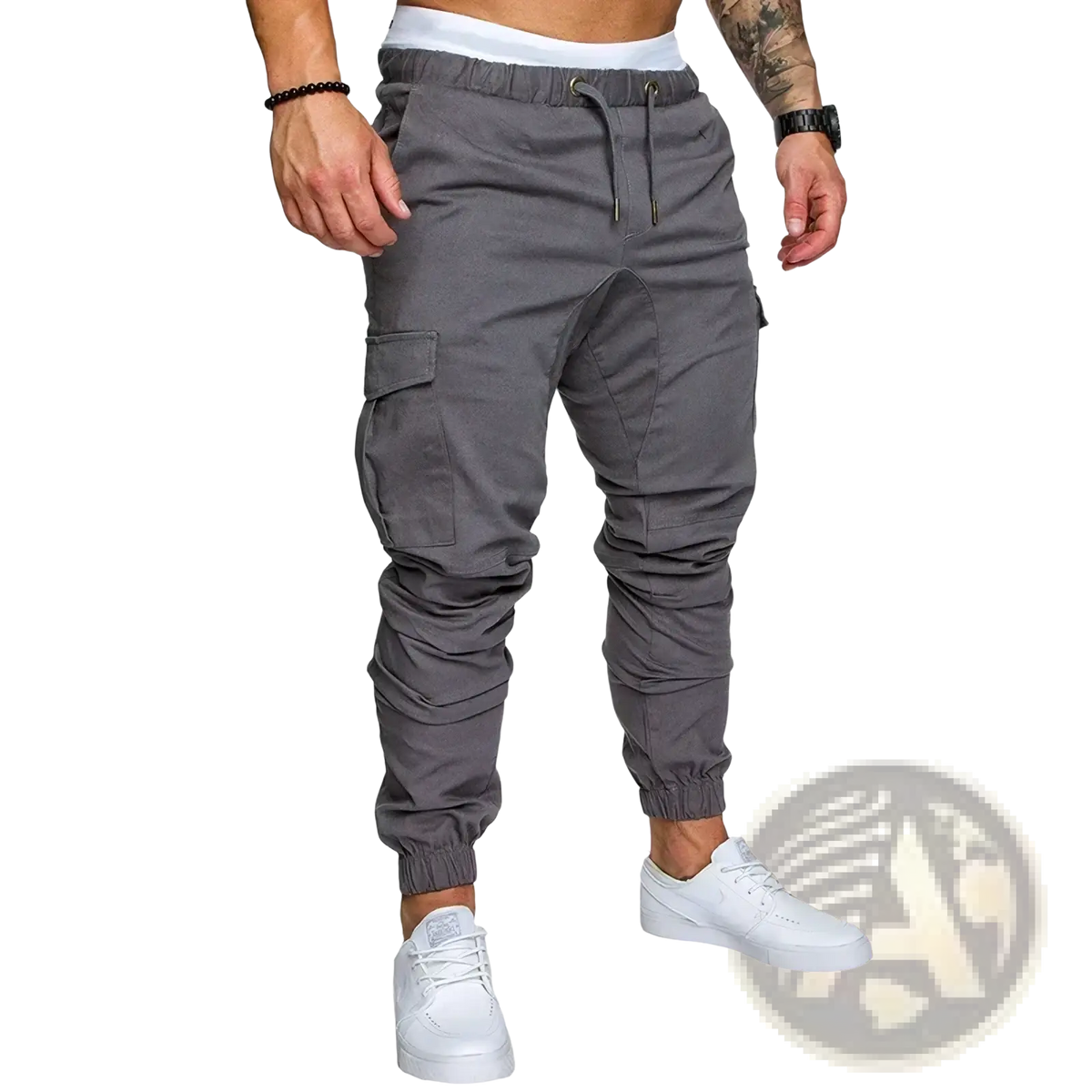 Gray cargo joggers men casual harem pants with elastic waistband drawstring multiple pockets and tapered cuffs