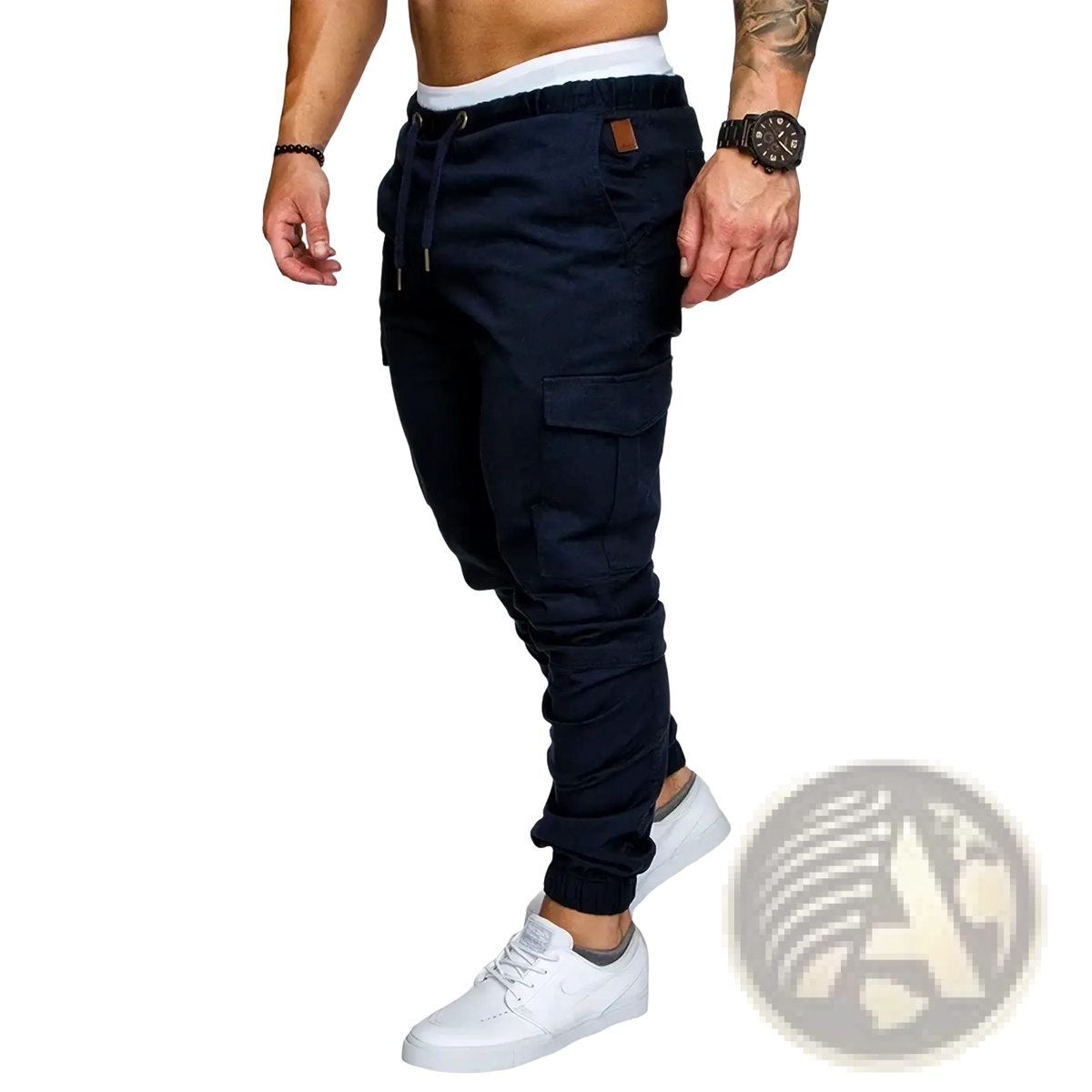 Dark navy cargo joggers men casual harem pants with elastic cuffs and multiple pockets for versatile wear