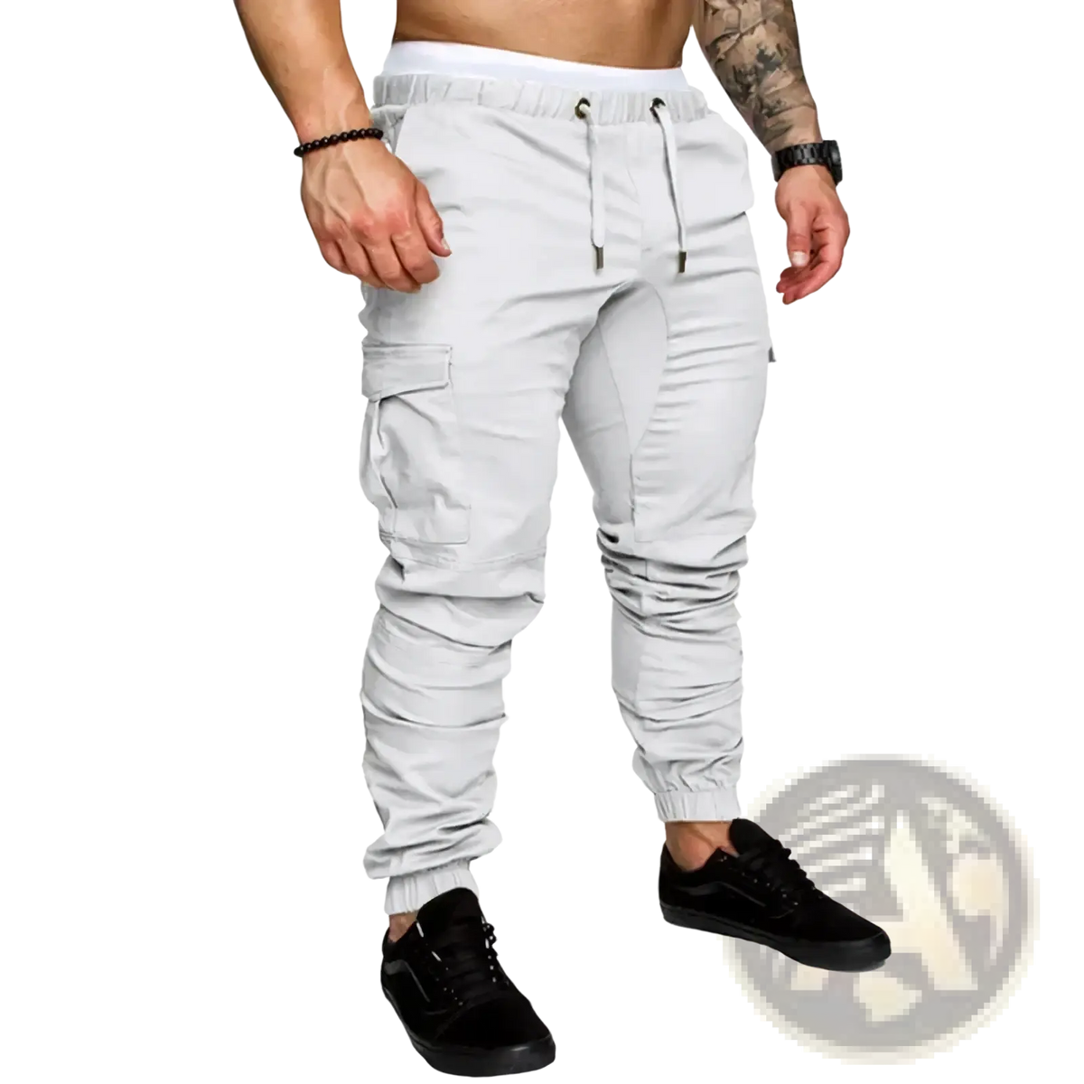 Light gray cargo joggers men casual harem pants with elastic cuffs and side pockets for everyday wear