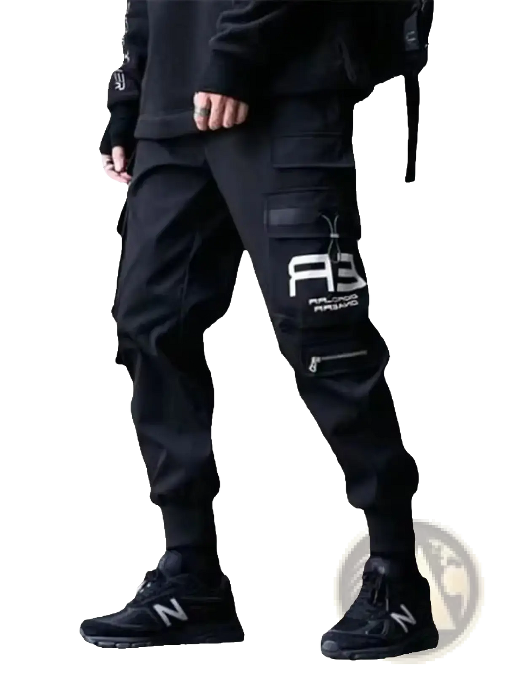 Black cargo joggers for men streetwear sweatpants featuring multiple pockets and a white logo on the thigh