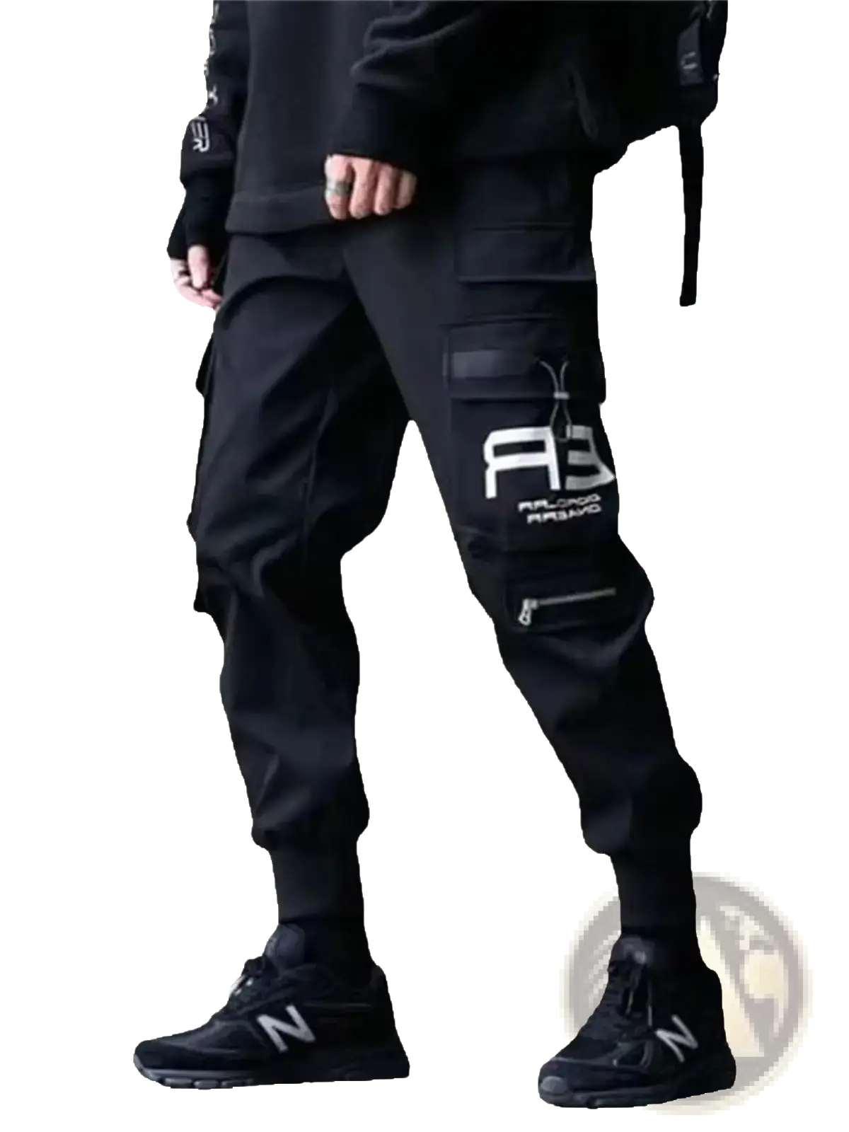 Black cargo joggers for men streetwear sweatpants featuring multiple pockets and a white logo on the thigh