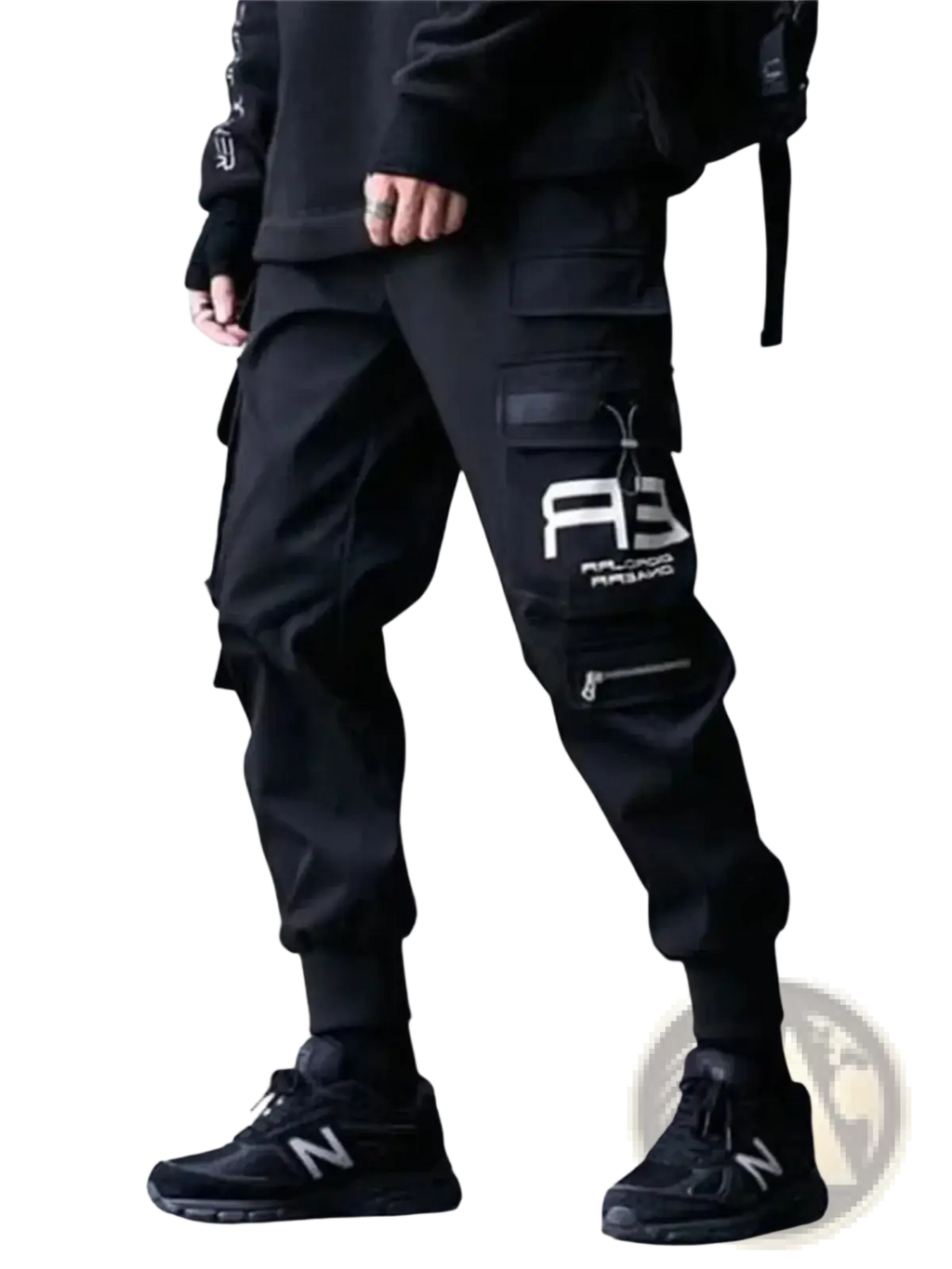 Black cargo joggers for men featuring multiple pockets and a white graphic logo on the thigh ideal for streetwear