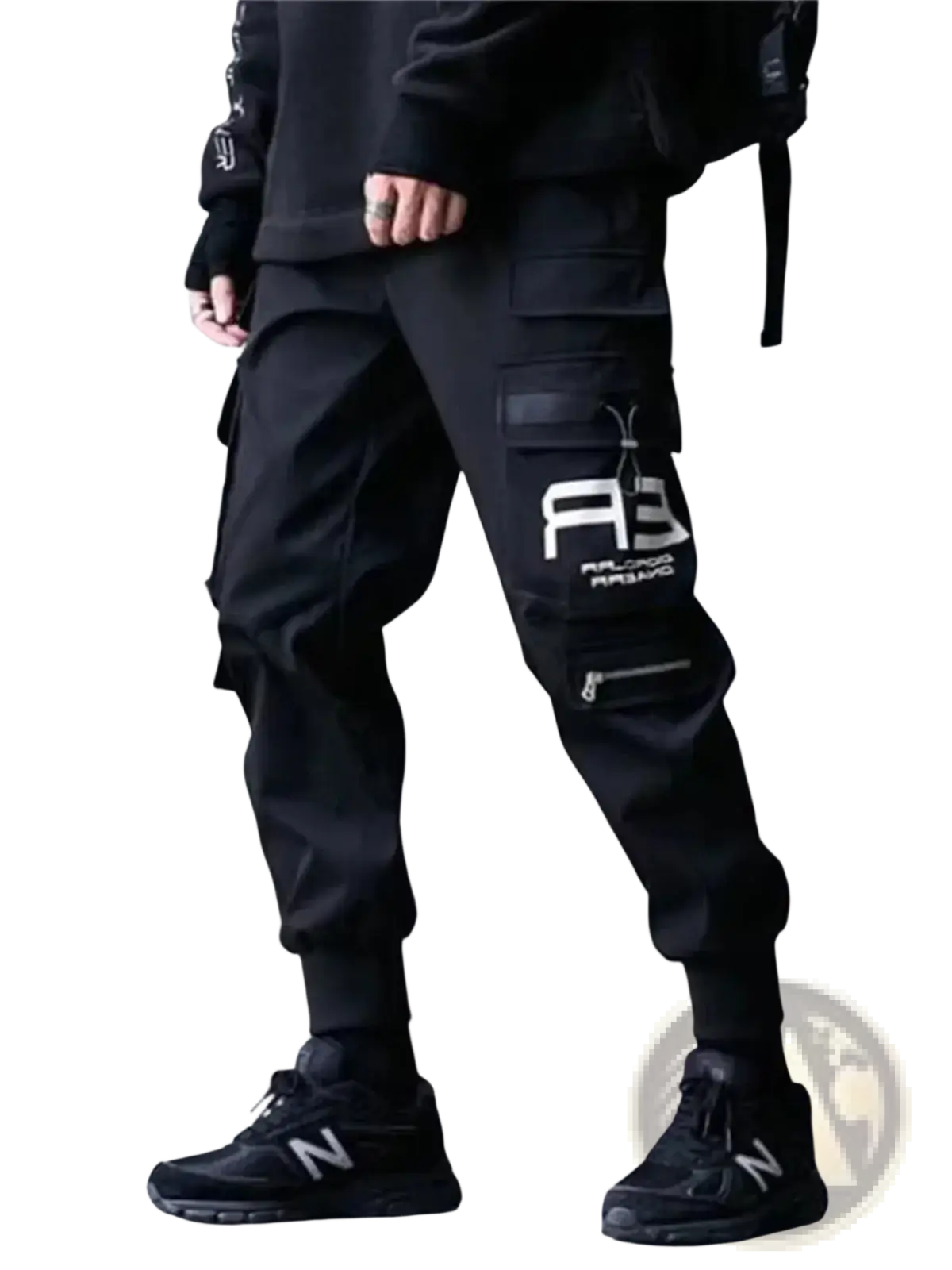 Black cargo joggers for men featuring multiple pockets and a white graphic logo on the thigh ideal for streetwear