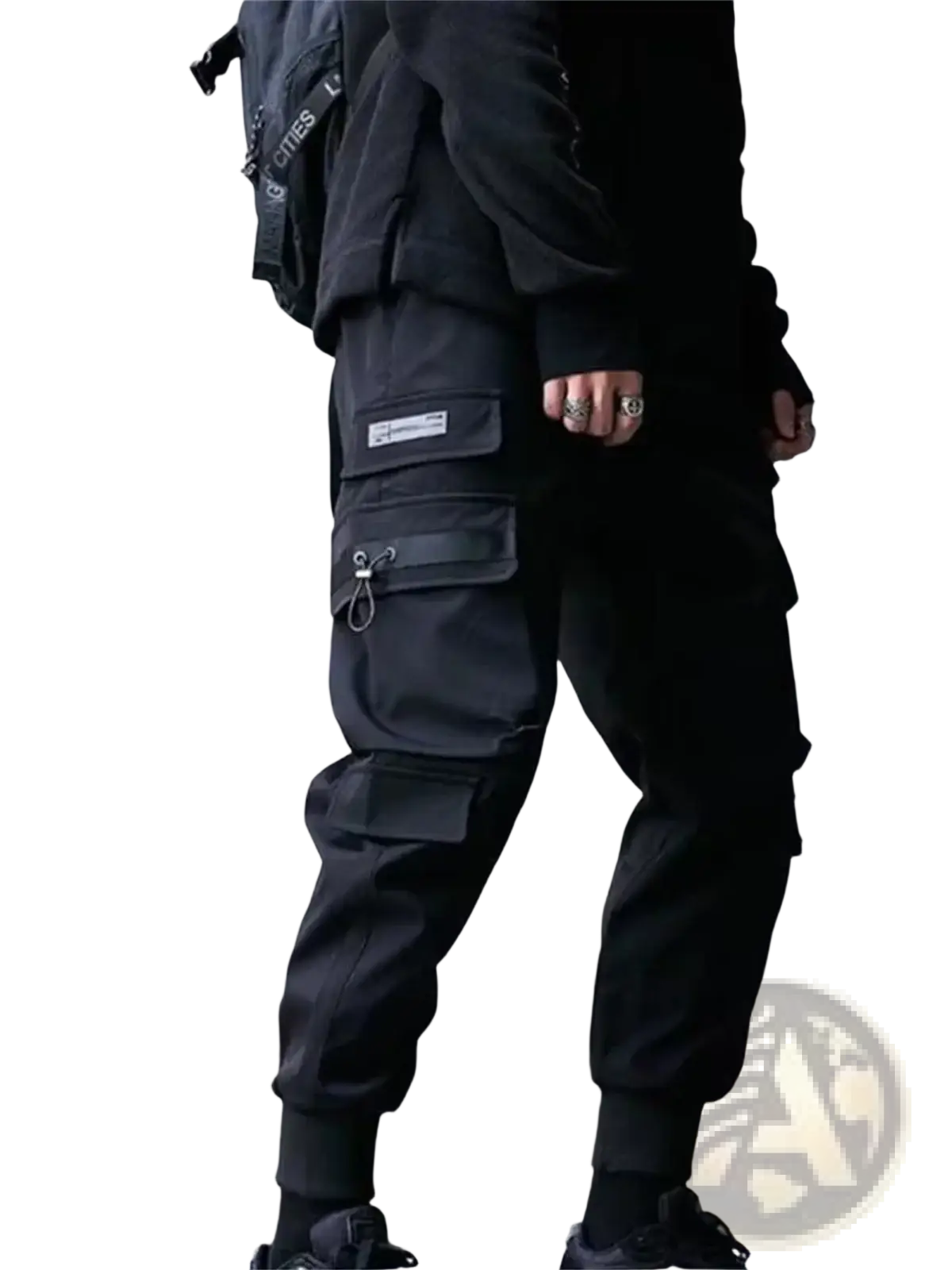Black cargo joggers for men with multiple pockets and sleek utilitarian design for streetwear and sweatpants use